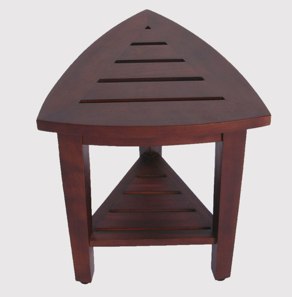 Compact Teak Corner Shower  Outdoor Bench with Shelf in Brown Finish