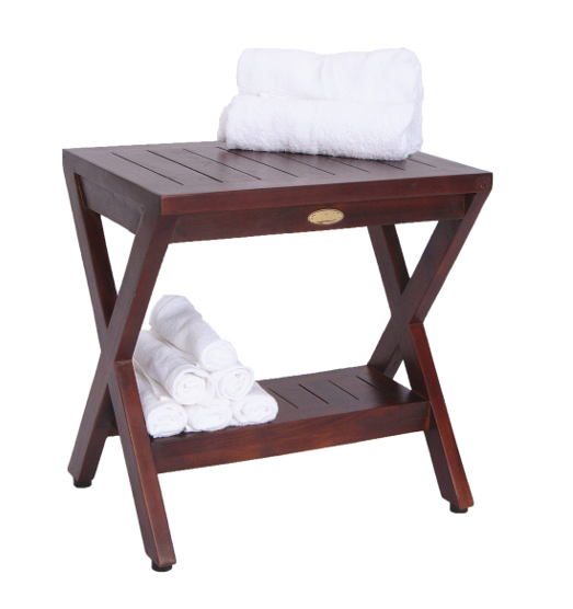 Compact X Shape Teak Shower Outdoor Bench with Shelf in Brown Finish