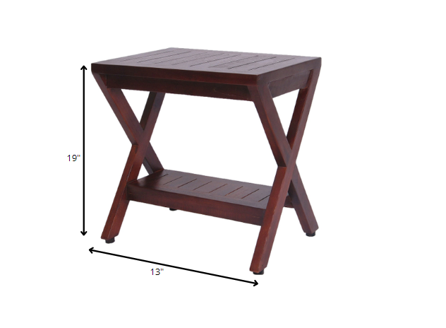 Compact X Shape Teak Shower Outdoor Bench with Shelf in Brown Finish