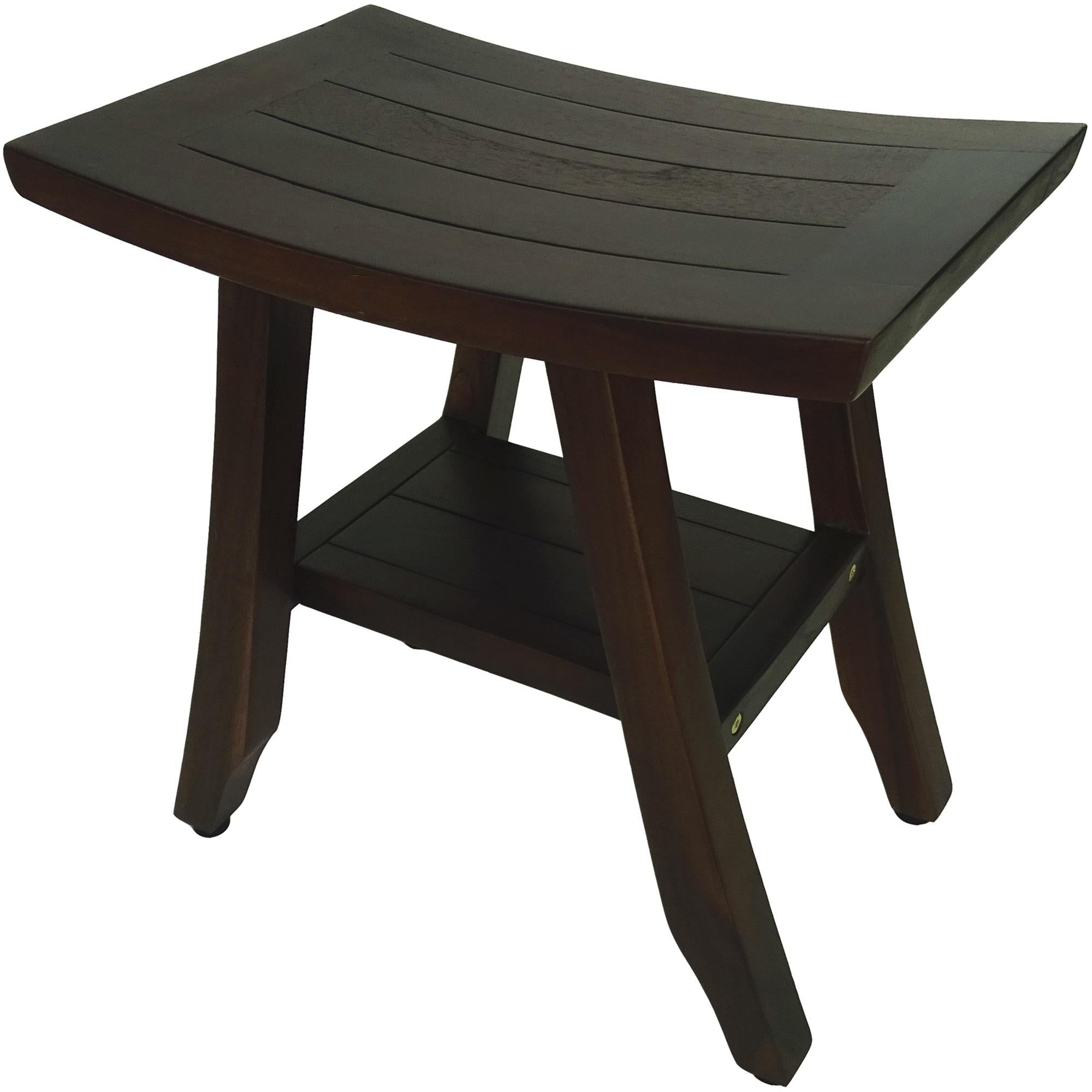 Compact Curvilinear Teak Shower or Outdoor Bench with Shelf in Brown Finish