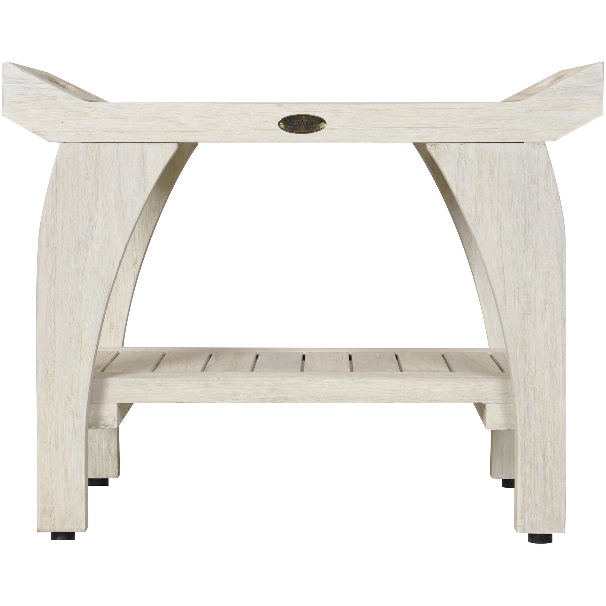 Compact Teak Shower Stool with Shelf and Handles in White Finish