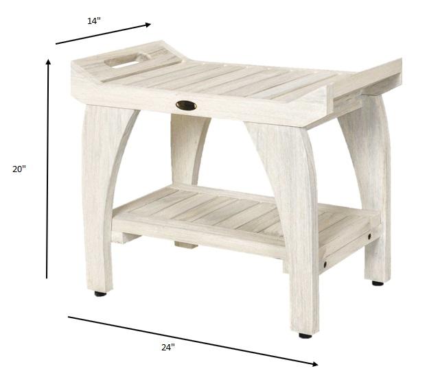 Compact Teak Shower Stool with Shelf and Handles in White Finish