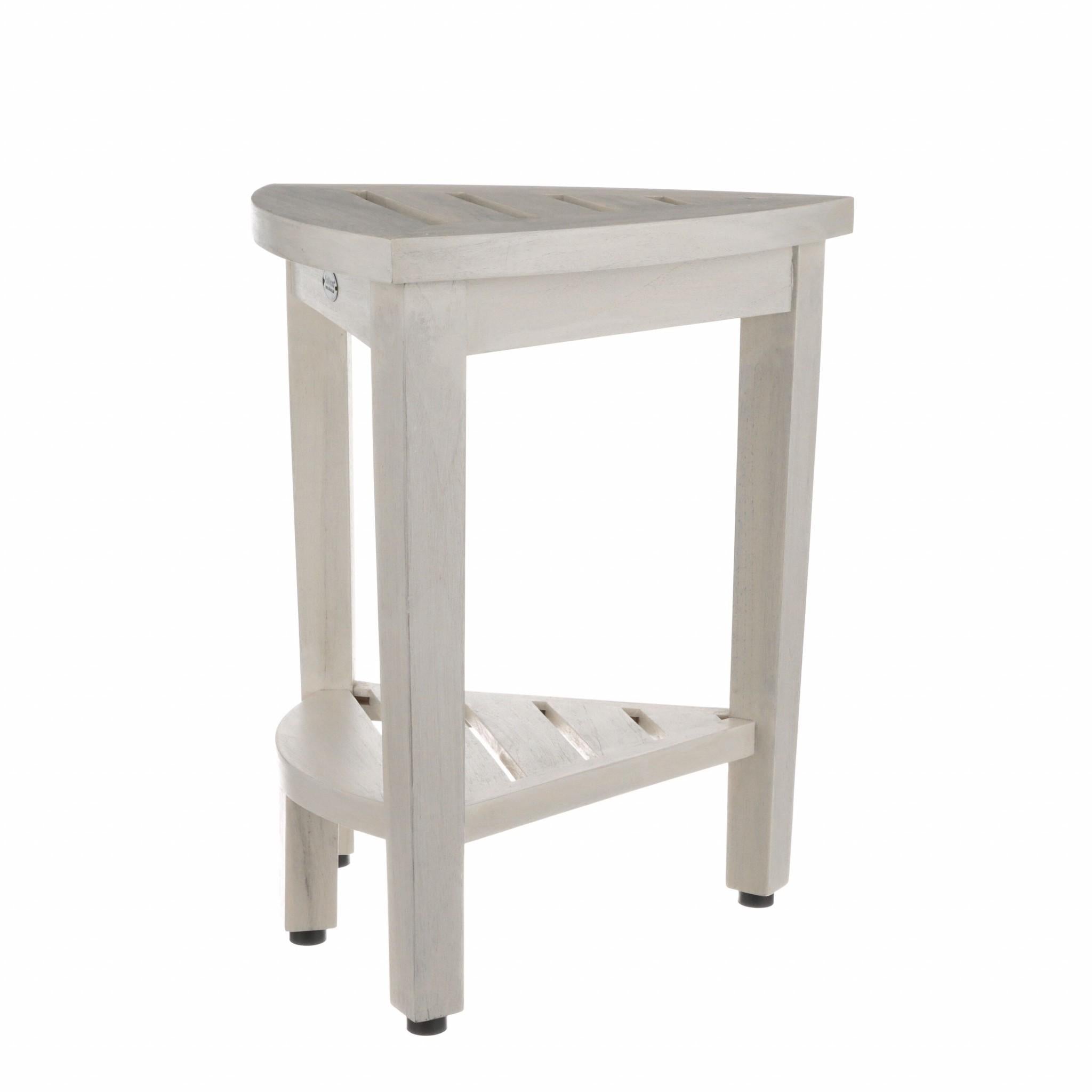 Compact Teak Corner Shower Stool with Shelf in Whitewash Finish