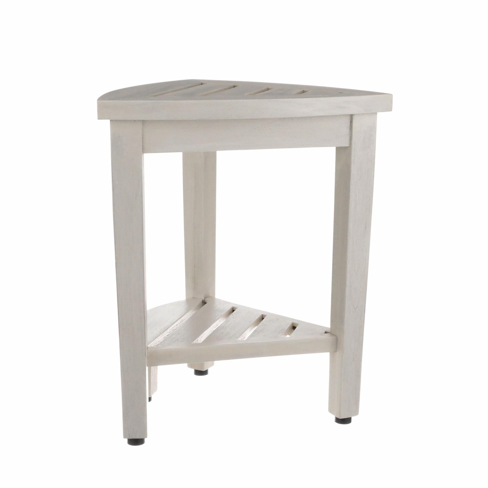 Compact Teak Corner Shower Stool with Shelf in Whitewash Finish