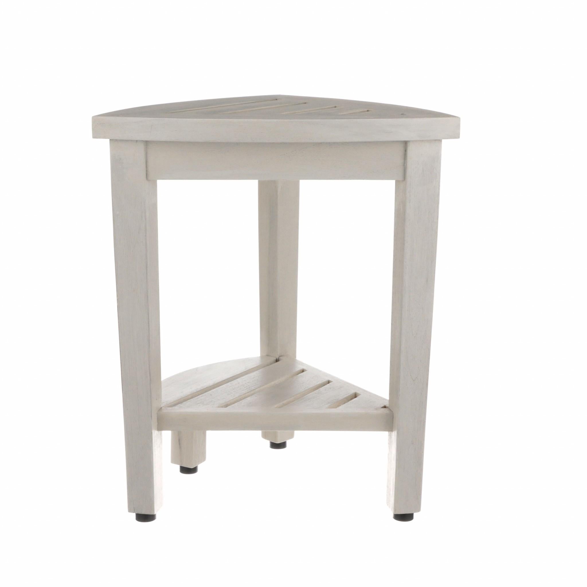 Compact Teak Corner Shower Stool with Shelf in Whitewash Finish