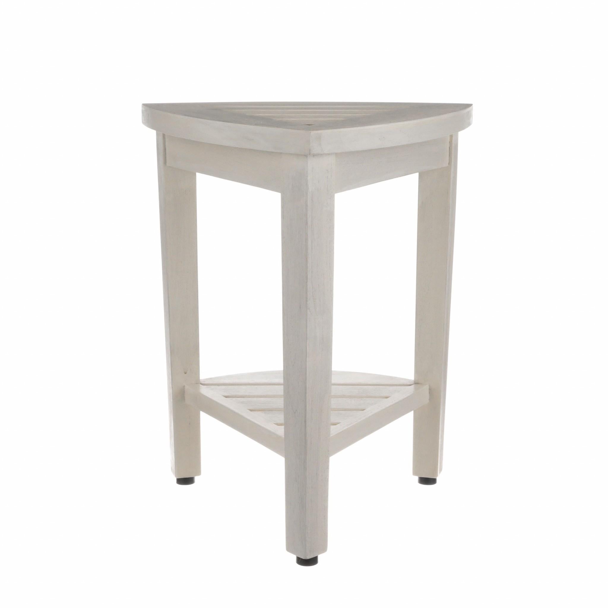 Compact Teak Corner Shower Stool with Shelf in Whitewash Finish