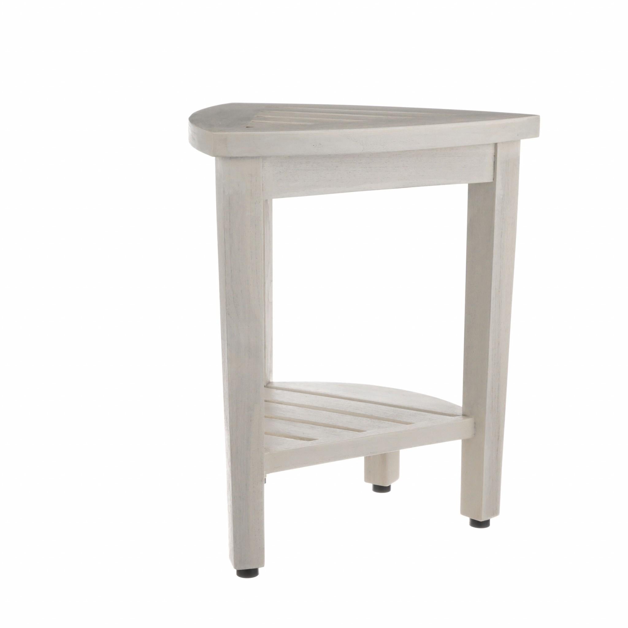 Compact Teak Corner Shower Stool with Shelf in Whitewash Finish