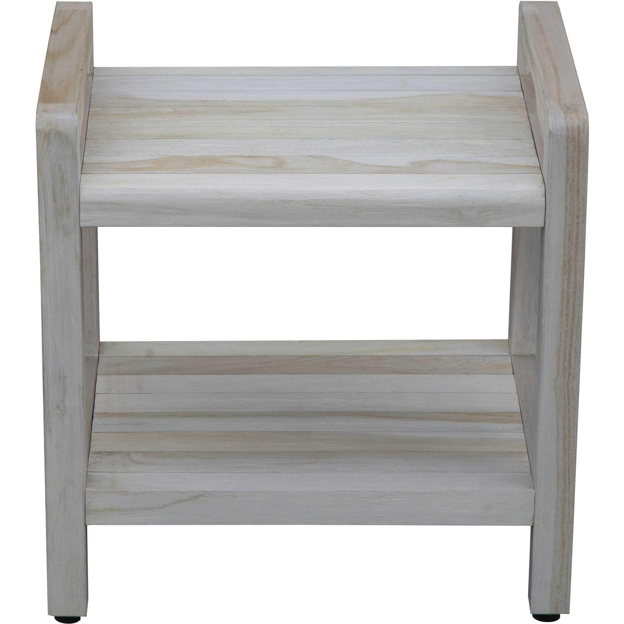 Compact Rectangular Teak Shower Outdoor Bench with Liftaide Arms in Driftwood Finish