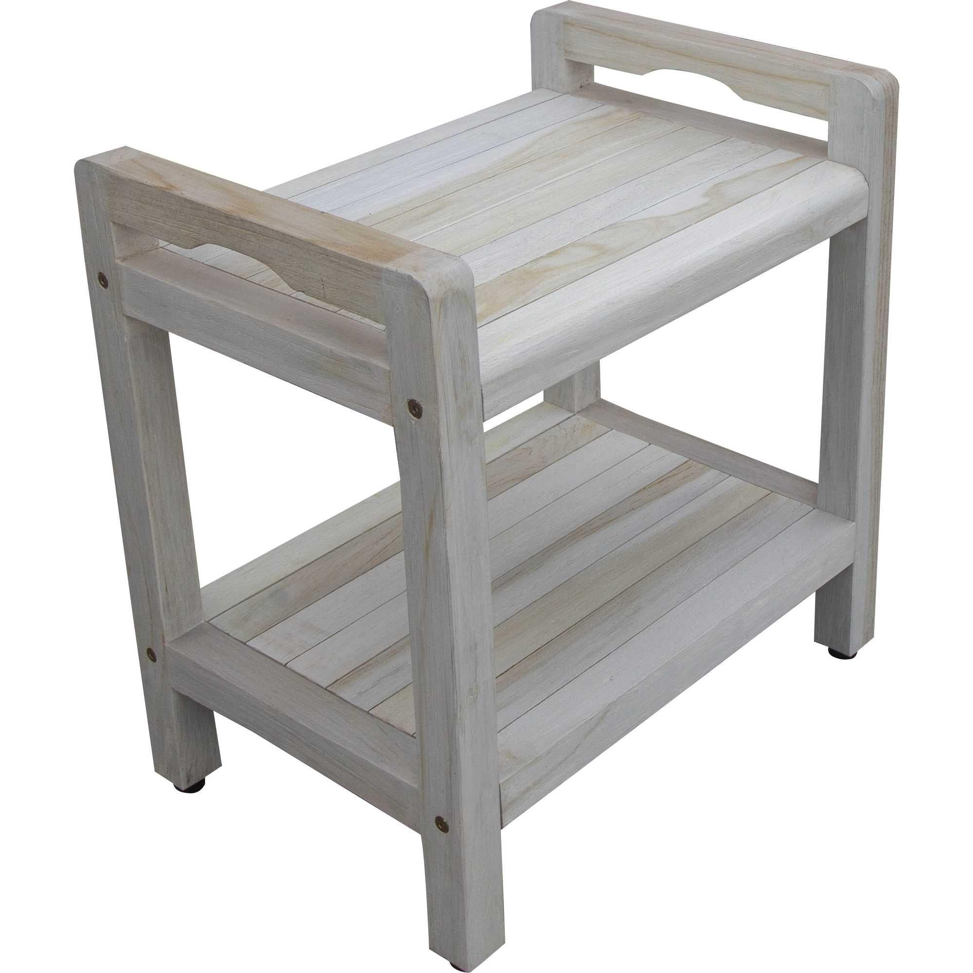 Compact Rectangular Teak Shower Outdoor Bench with Liftaide Arms in Driftwood Finish