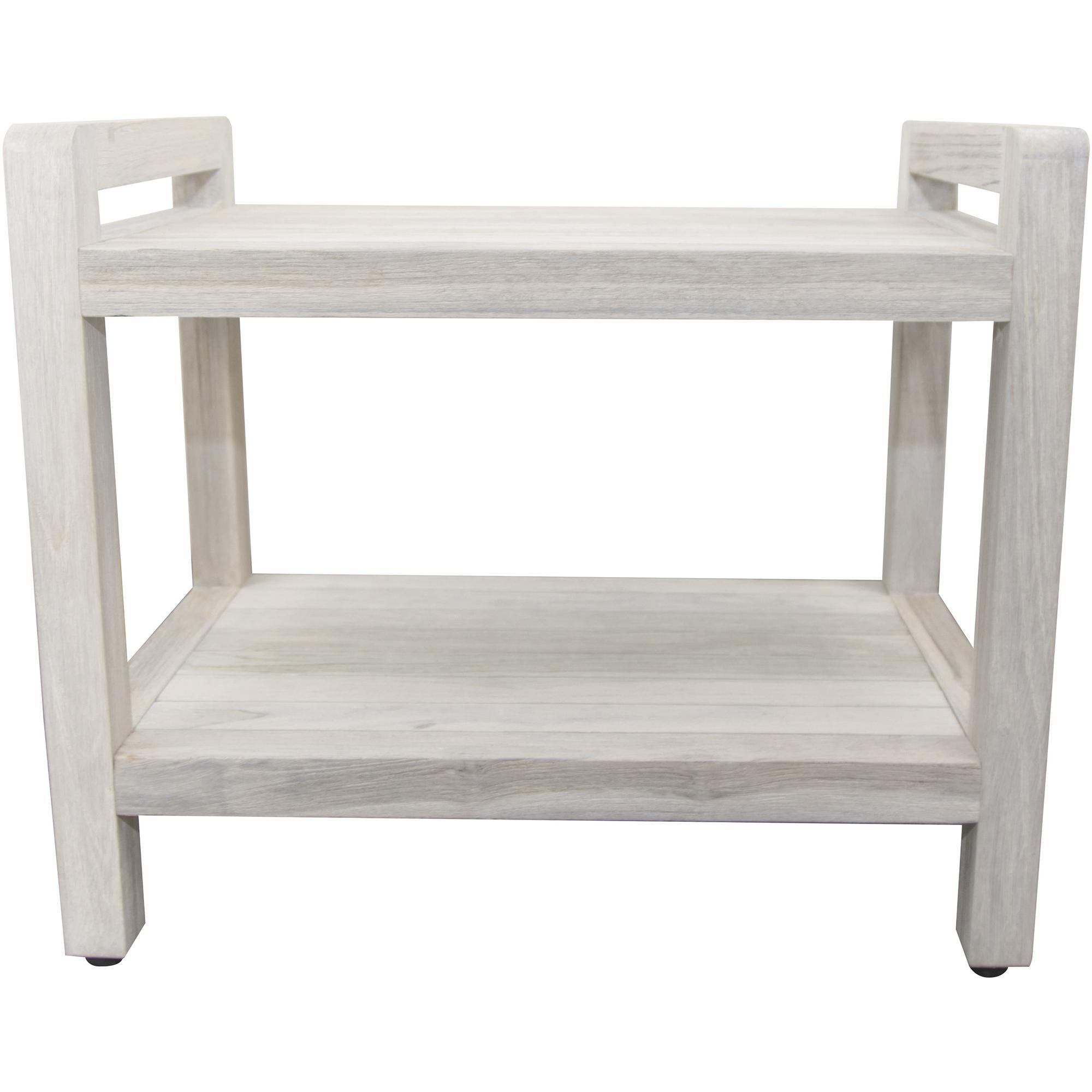 Rectangular Teak Shower Bench with Shelf and Handles in White Finish