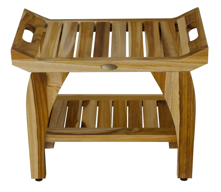 Compact Rectangular Teak Shower Bench with Handles in Natural Finish