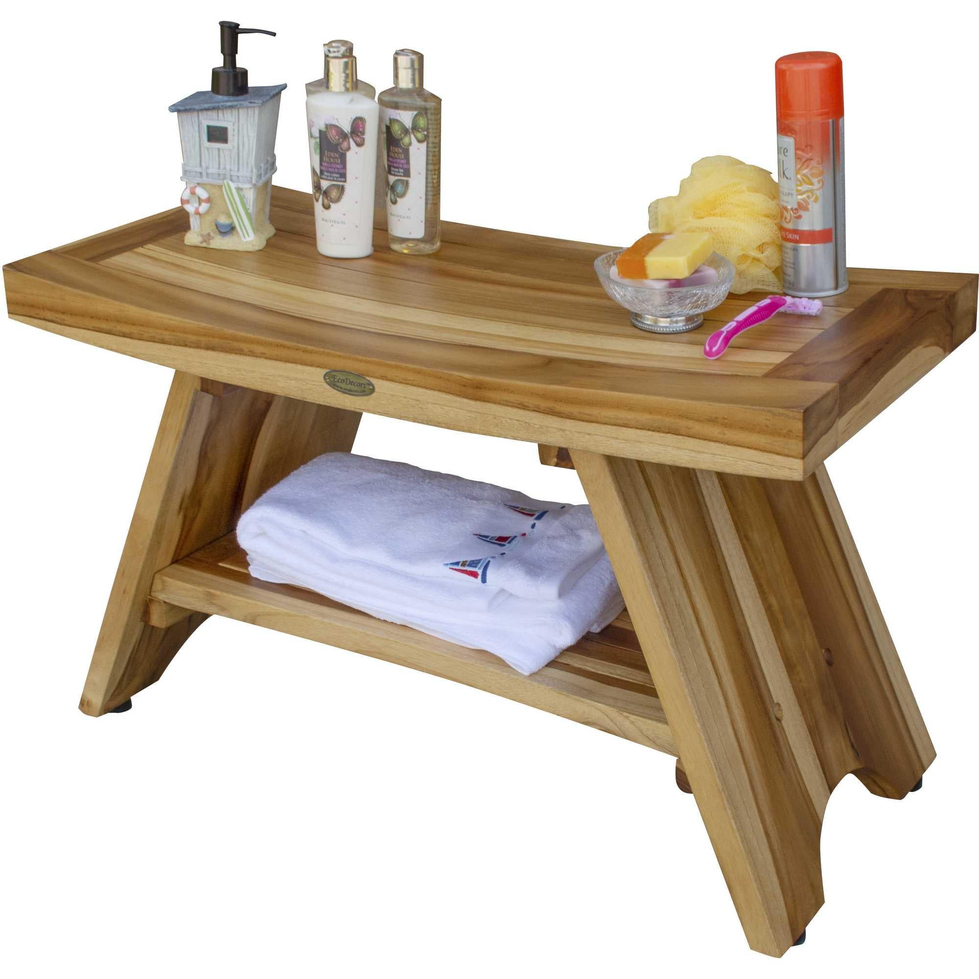 Rectangular Teak Shower Stool or Bench with Shelf in Natural Finish