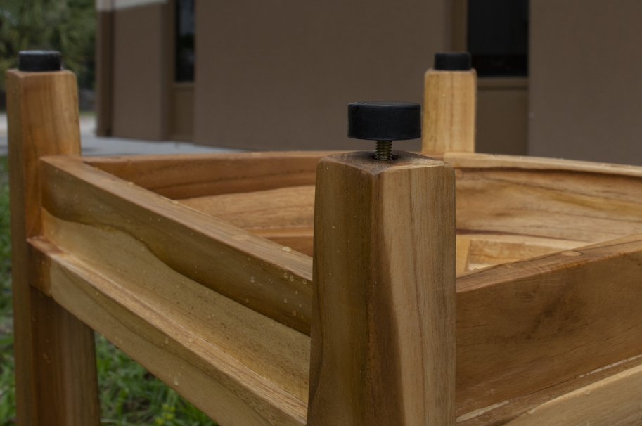 Compact Teak Wide Corner Shower Outdoor Bench with Shelf in Natural Finish