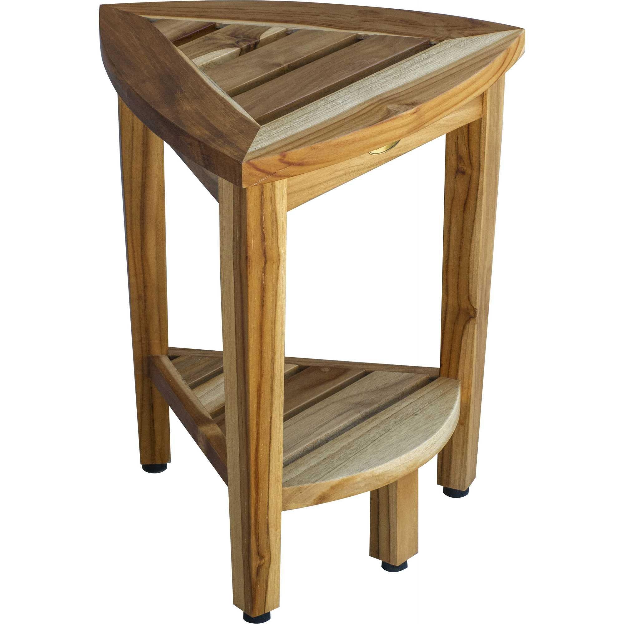 Compact Teak Corner Shower or Outdoor Bench with Shelf in Natural Finish