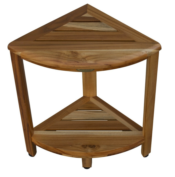 Compact Teak Corner Shower Stool with Shelf in Natural Finish