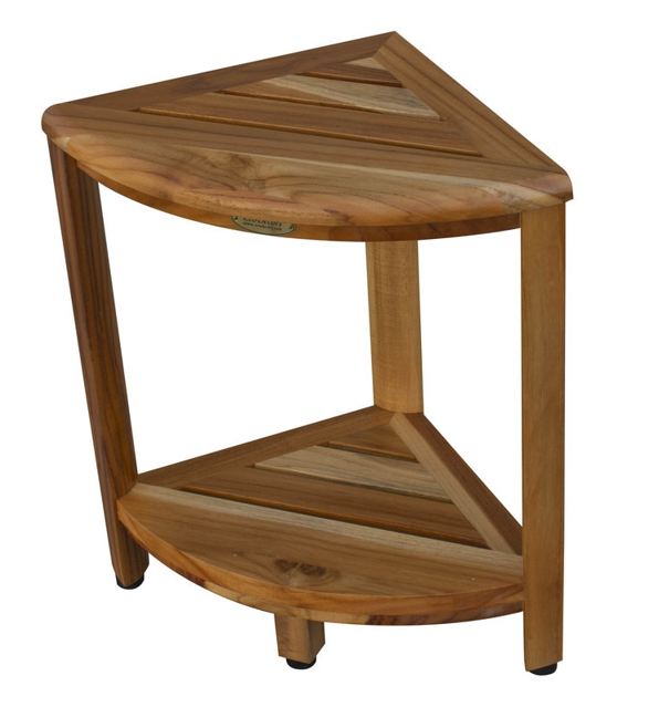 Compact Teak Corner Shower Stool with Shelf in Natural Finish