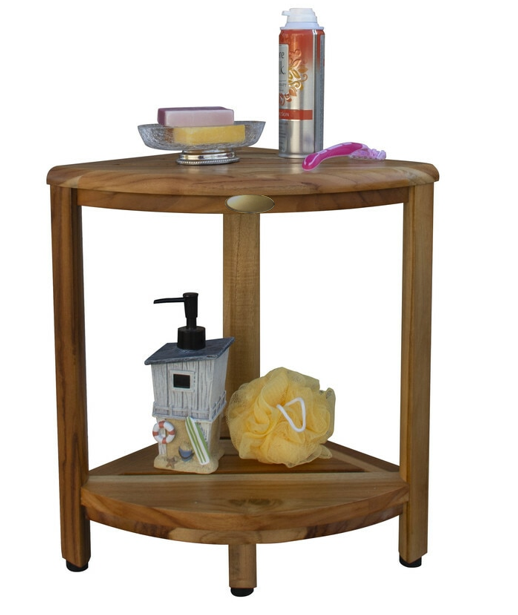 Compact Teak Corner Shower Stool with Shelf in Natural Finish