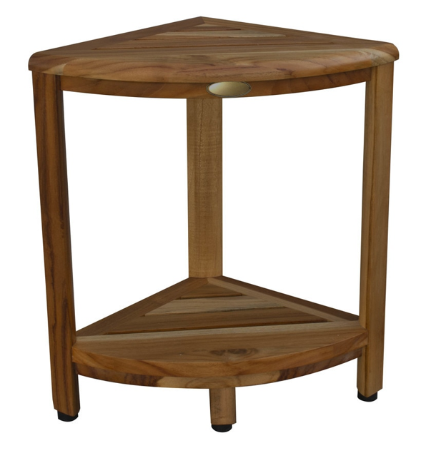 Compact Teak Corner Shower Stool with Shelf in Natural Finish