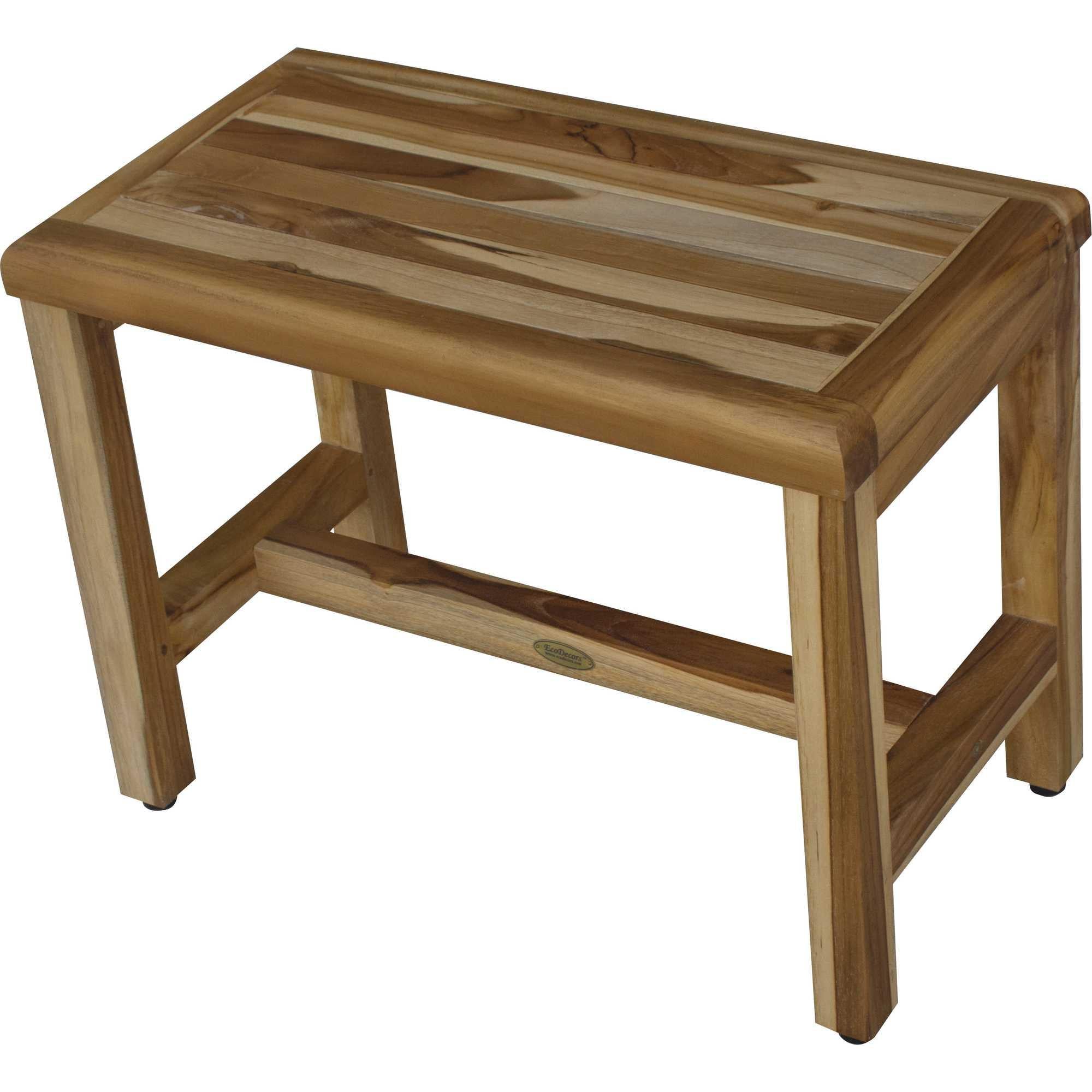 Compact Rectangular Teak Shower  Outdoor Bench with Shelf in Natural Finish