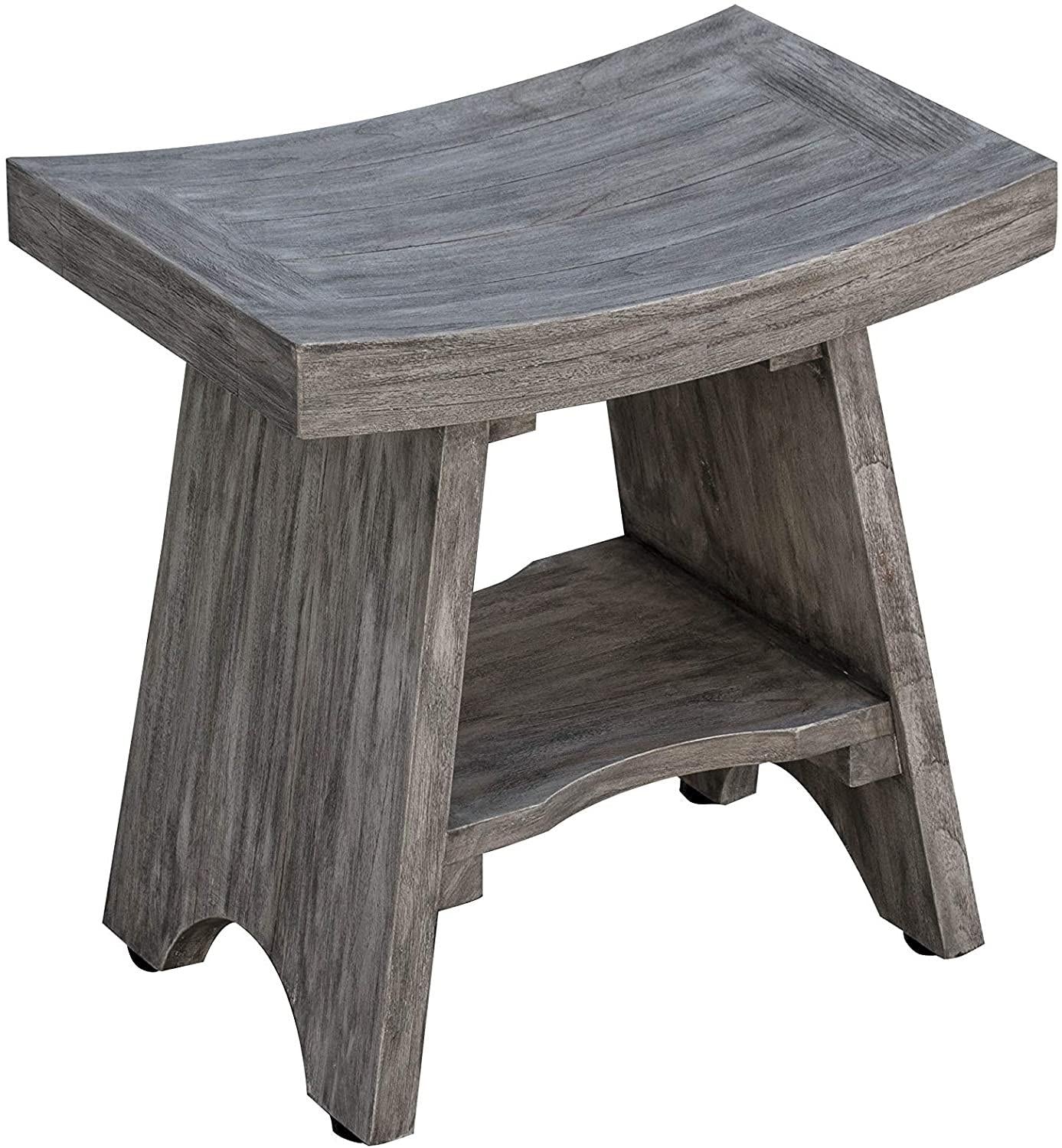 Contemporary Teak Shower or Bench with Shelf in Gray Finish