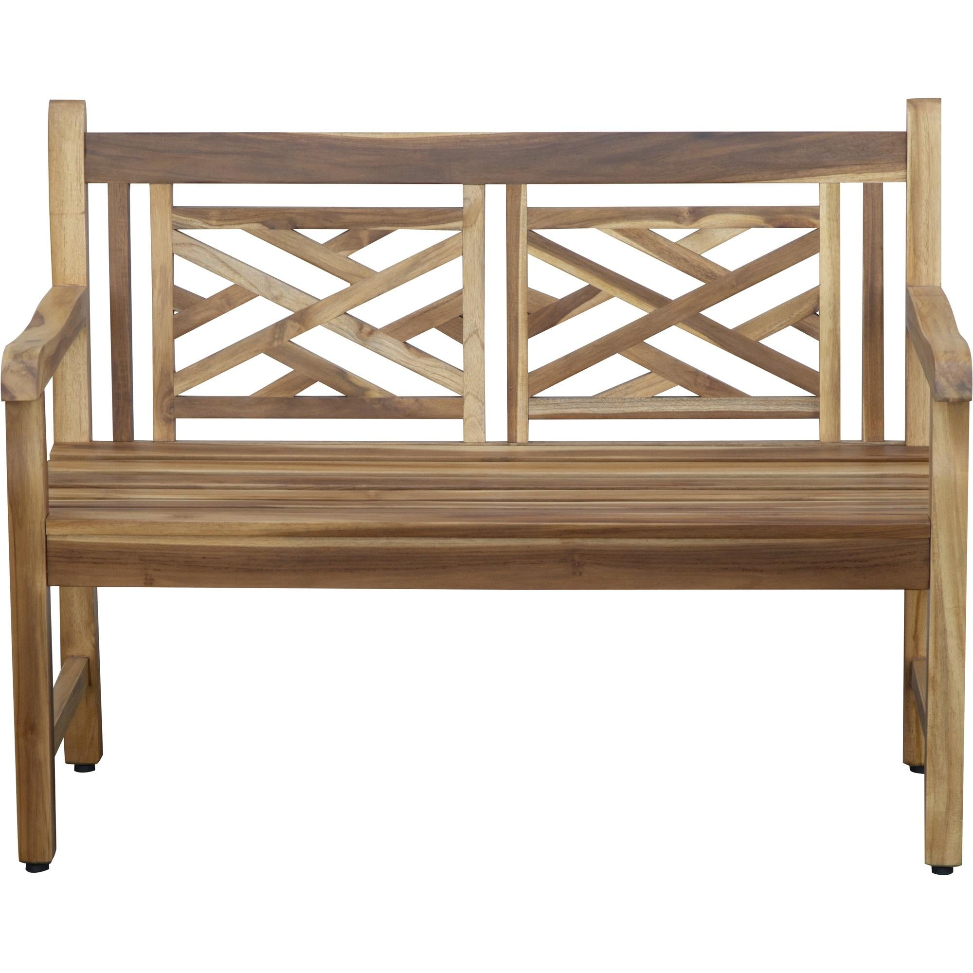 Compact Teak Outdoor Bench with Lattice Design in Natural Finish