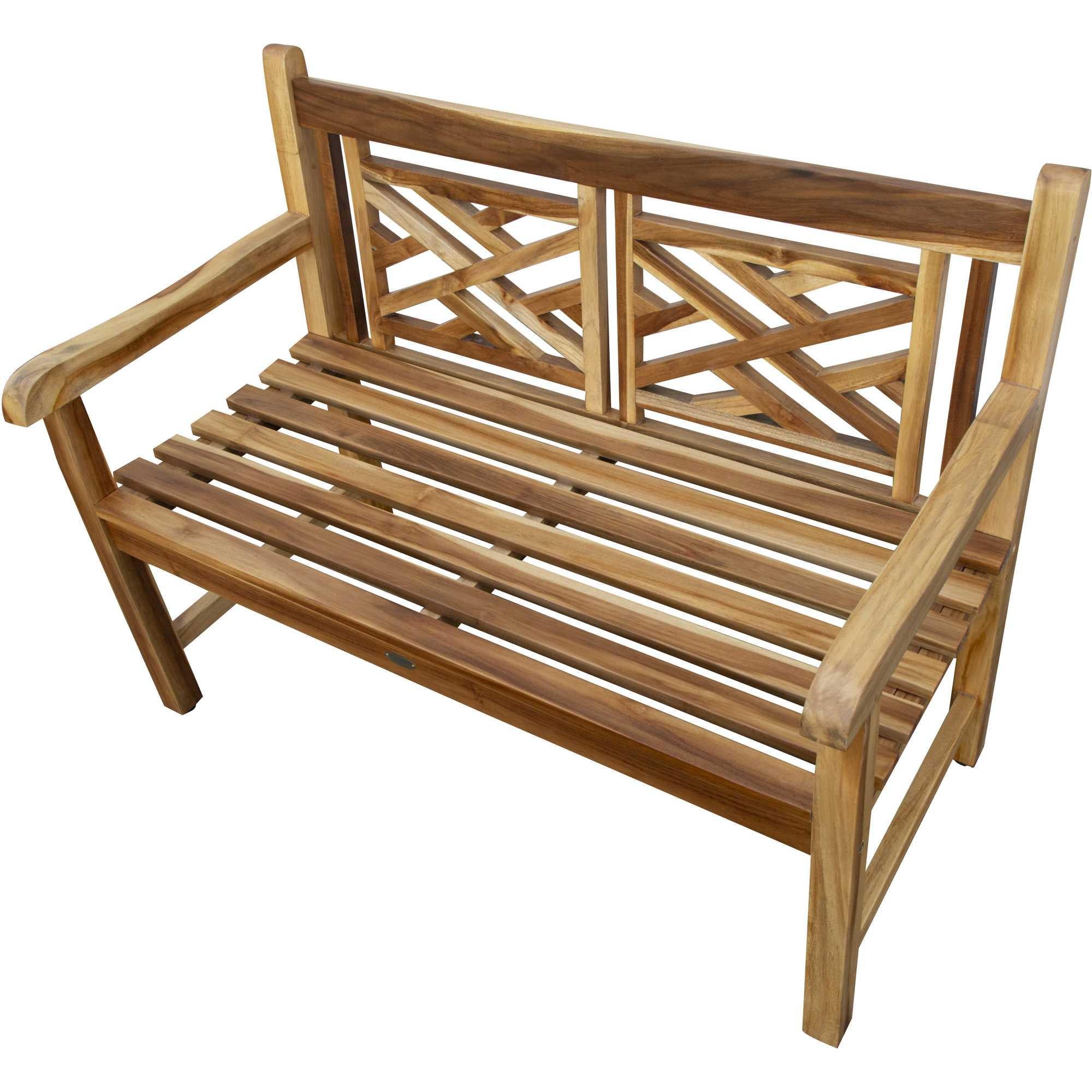 Compact Teak Outdoor Bench with Lattice Design in Natural Finish