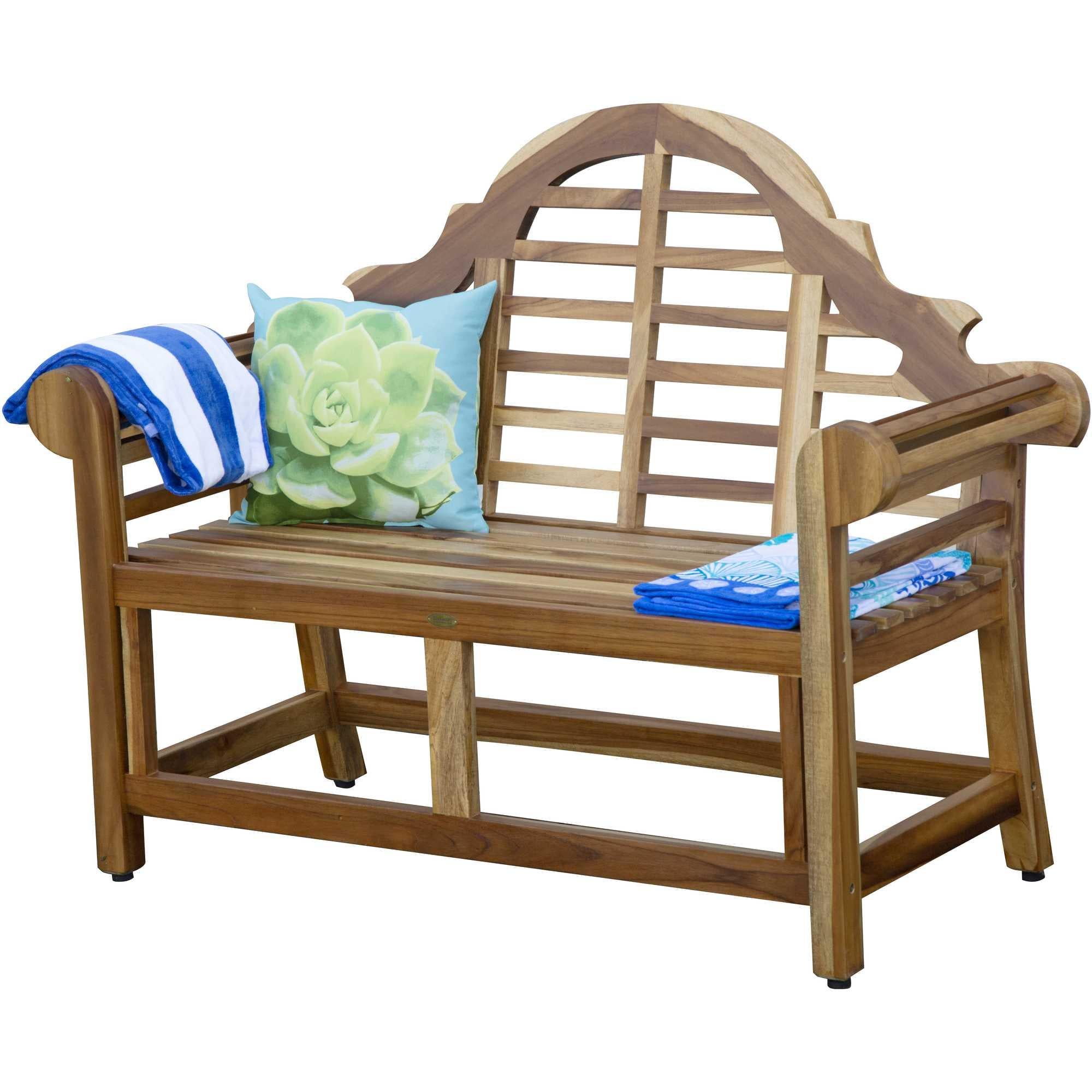 Compact Teak Outdoor Bench with Crown Design in Natural Finish