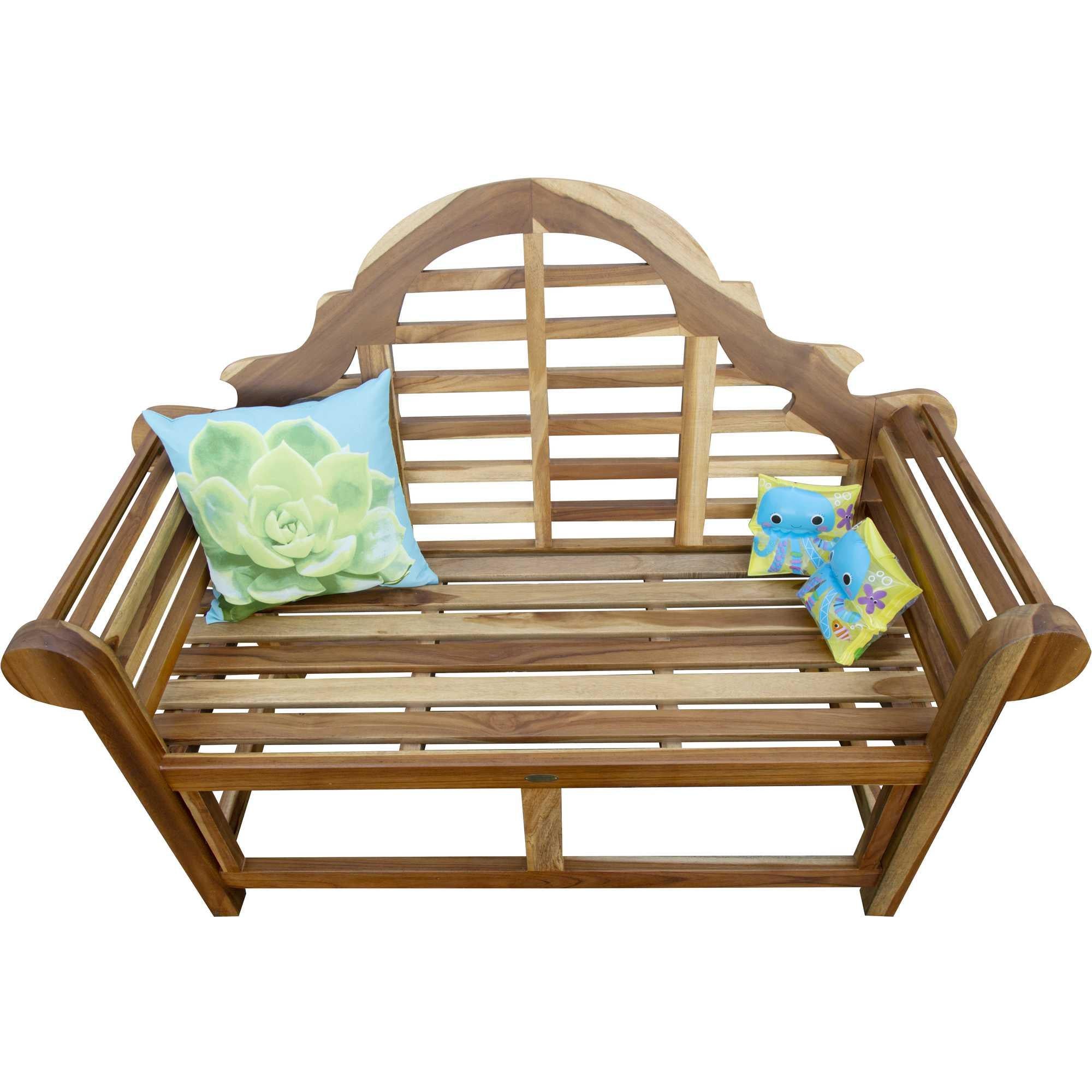 Compact Teak Outdoor Bench with Crown Design in Natural Finish