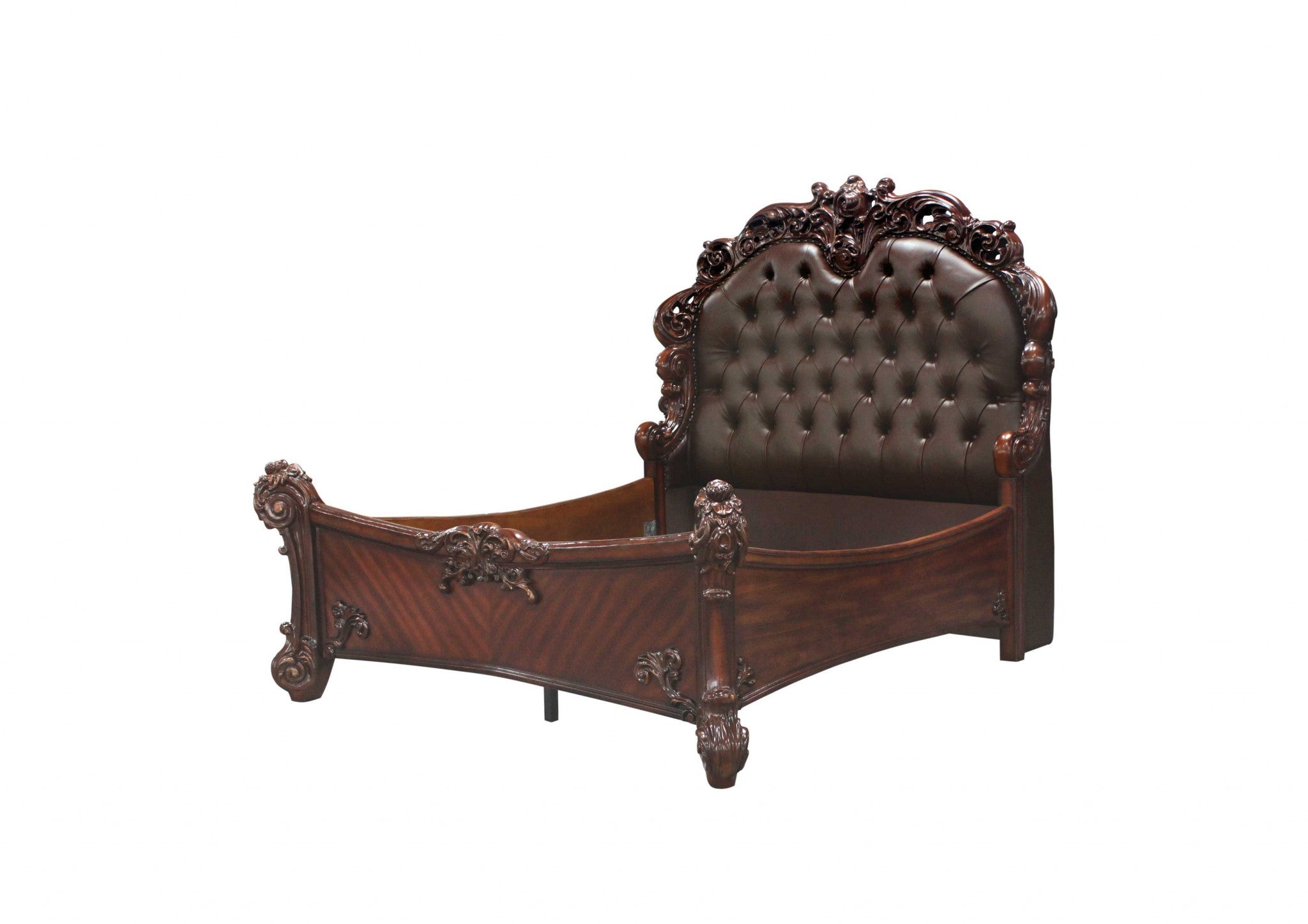 Queen Size Elaborately Carved Cherry Wood Finish Bed with Tufted Dark Faux Leather Headboard