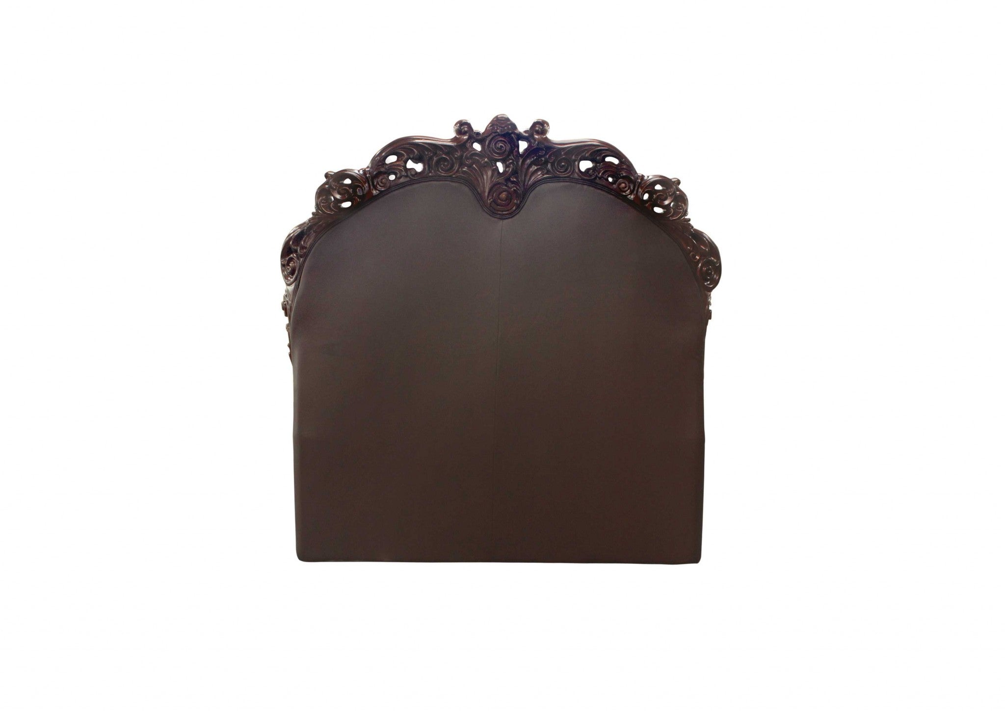 Queen Size Elaborately Carved Cherry Wood Finish Bed with Tufted Dark Faux Leather Headboard