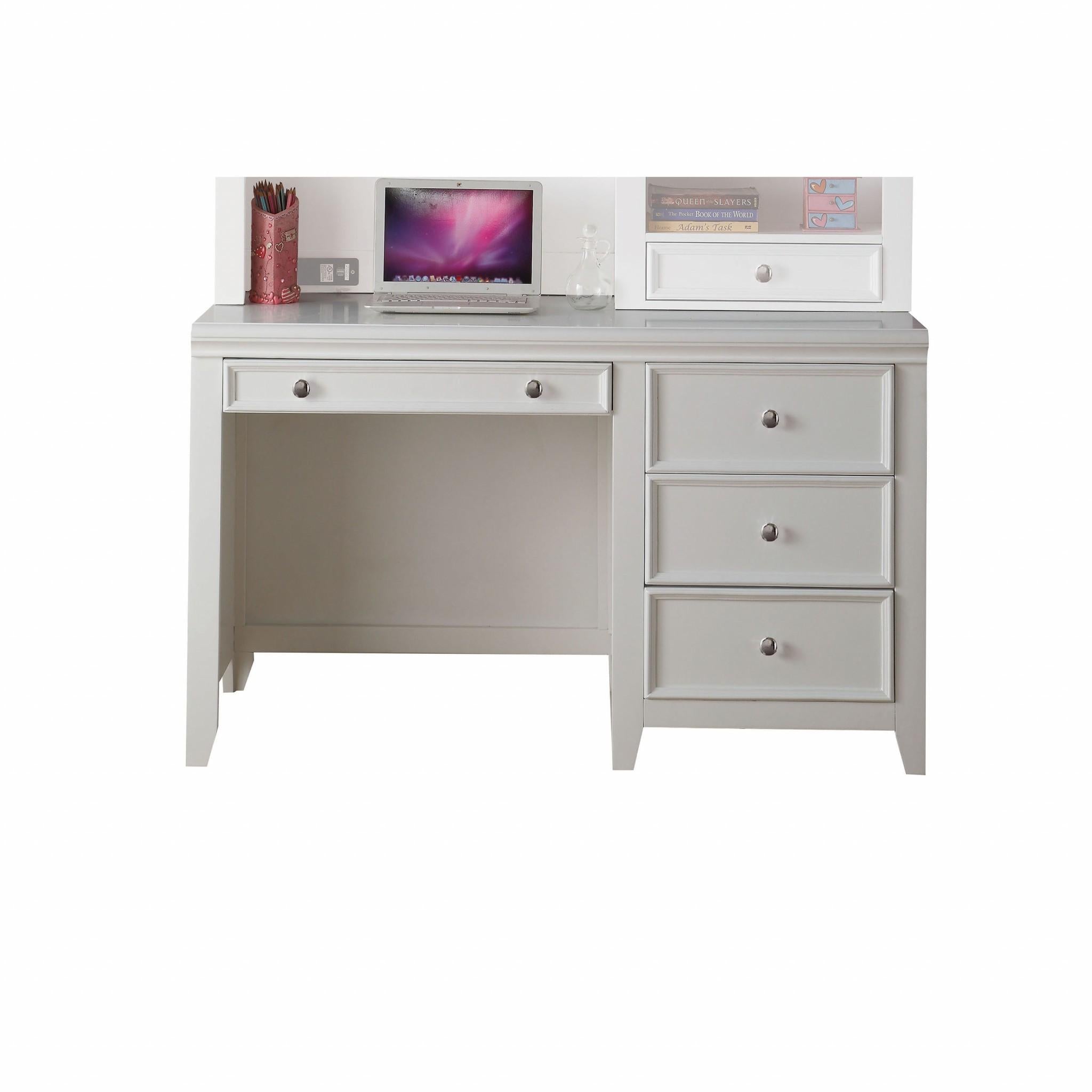 White Wood Computer Desk with 3 Drawers and Keyboard Drawer