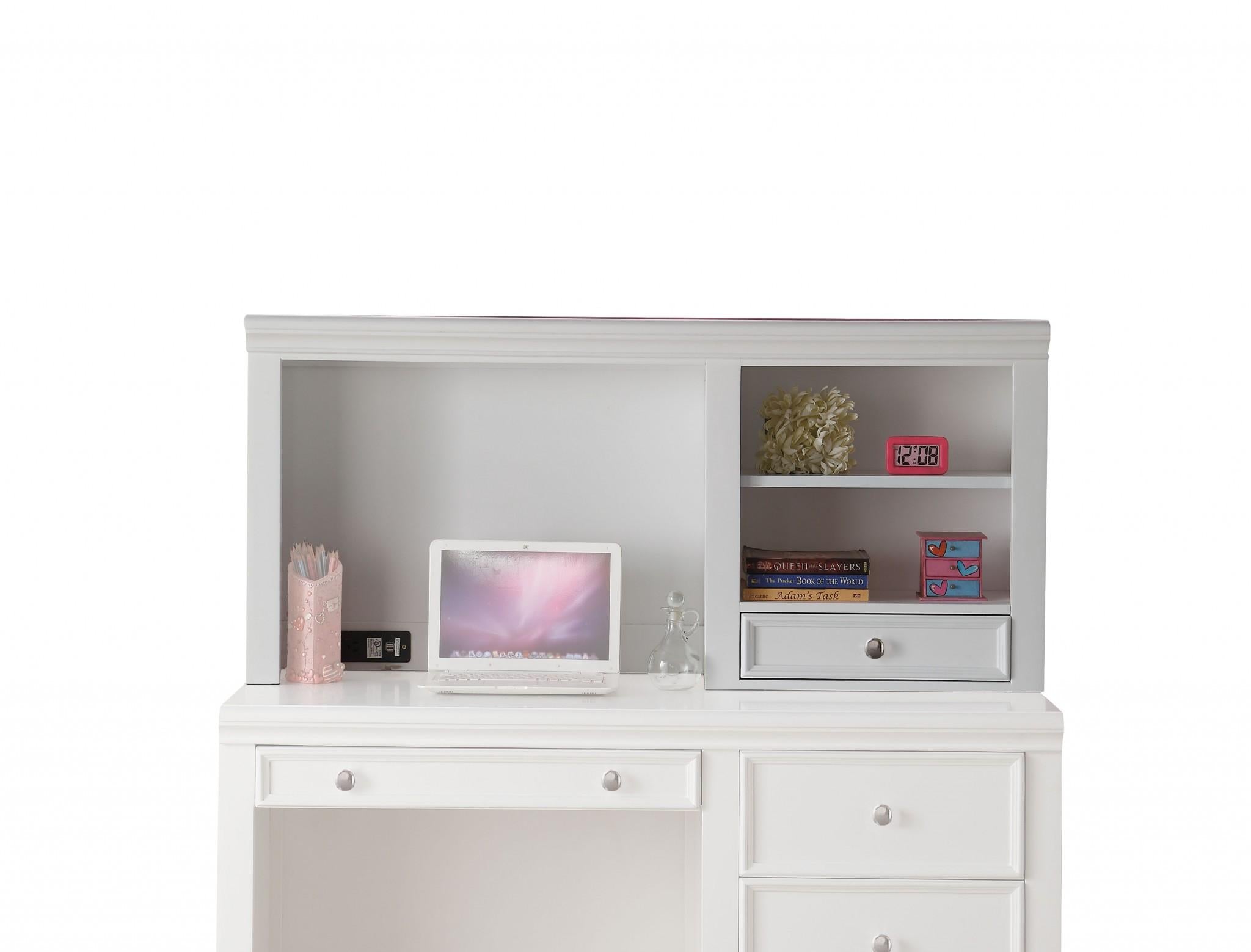 White Wood Computer Hutch with Shelf and Drawer