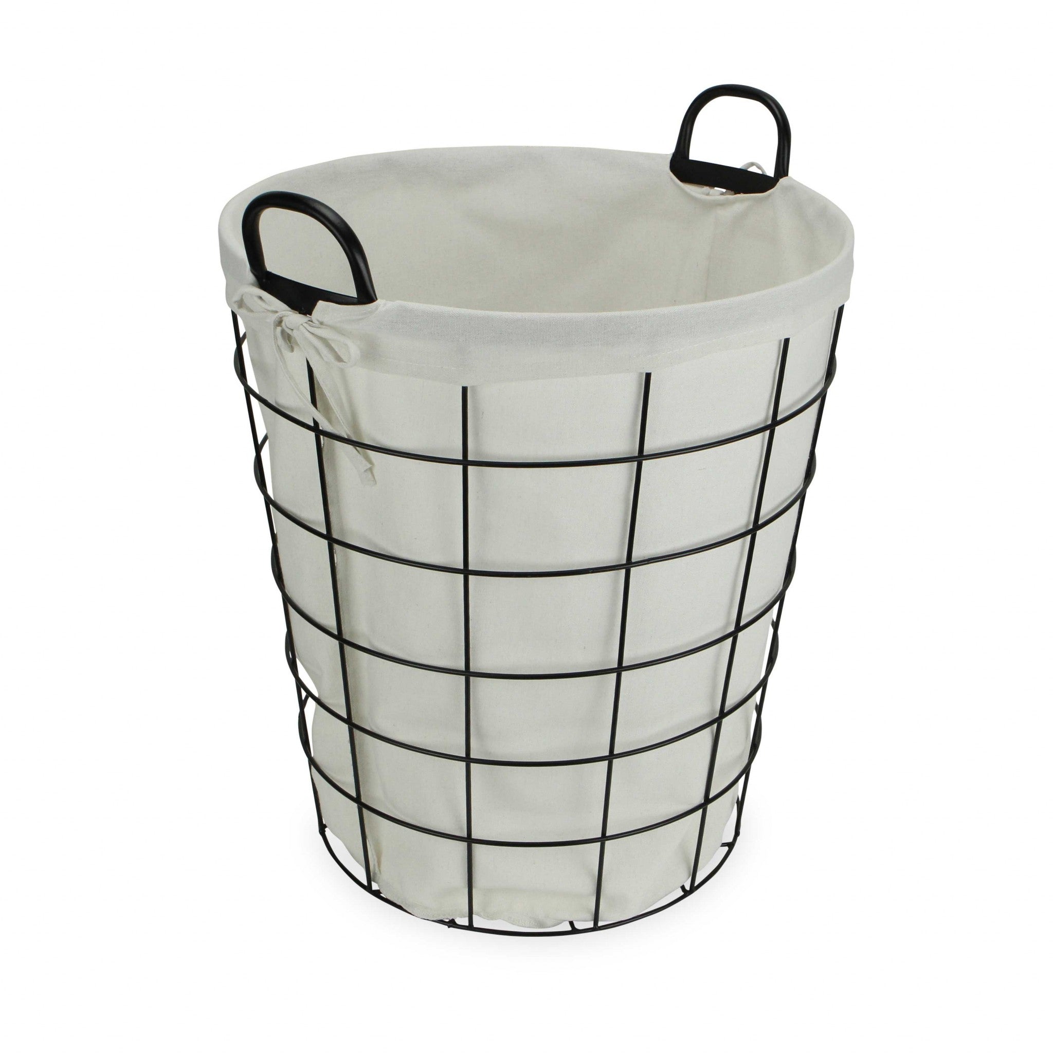 Large White Fabric Lined Metal Laundry Type Basket with Handle