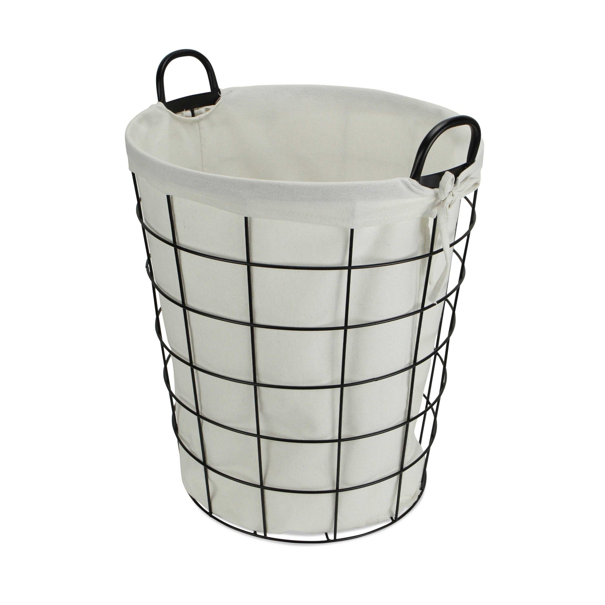 Large White Fabric Lined Metal Laundry Type Basket with Handle