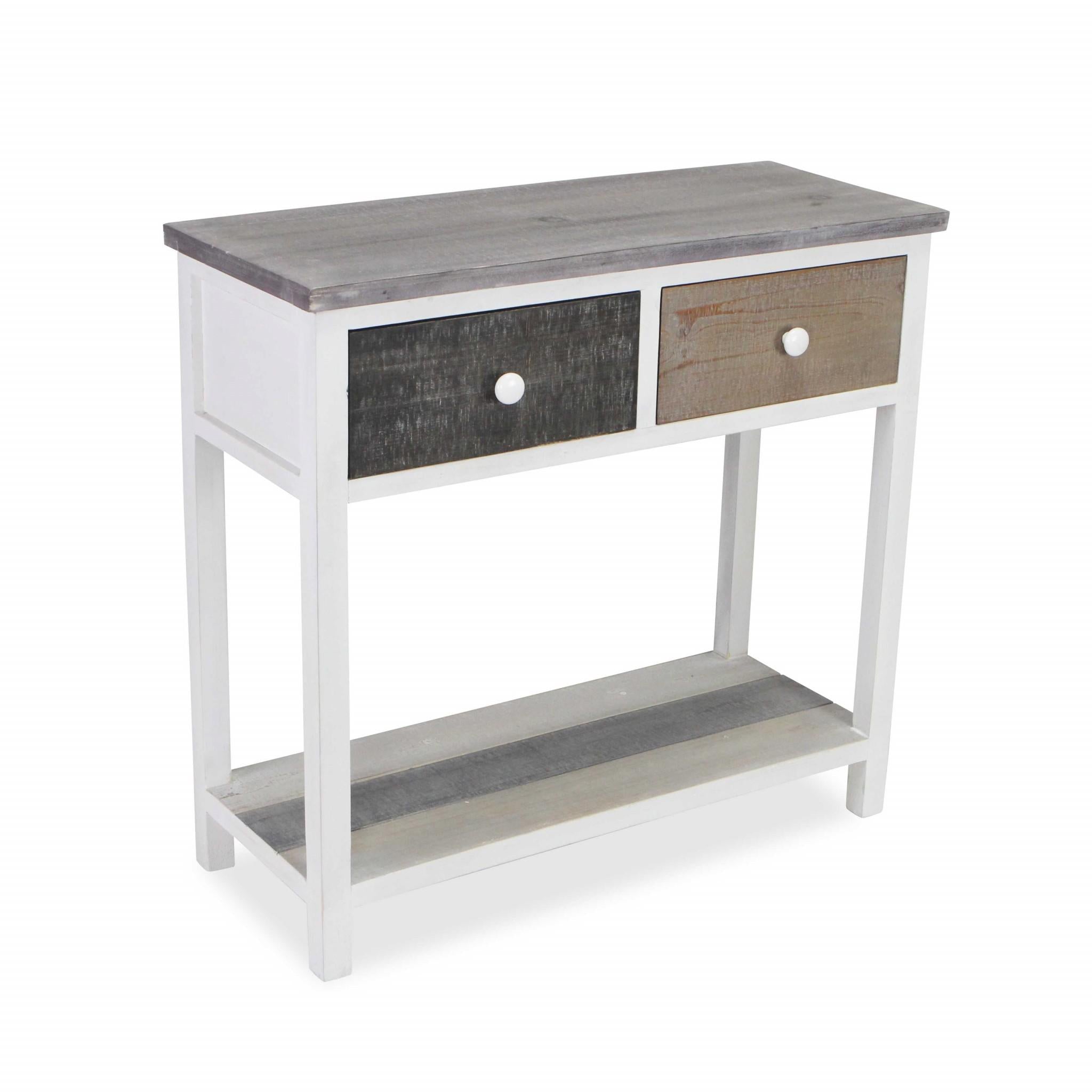 Distressed Gray and White Table with 2 Drawers and Bottom Shelf