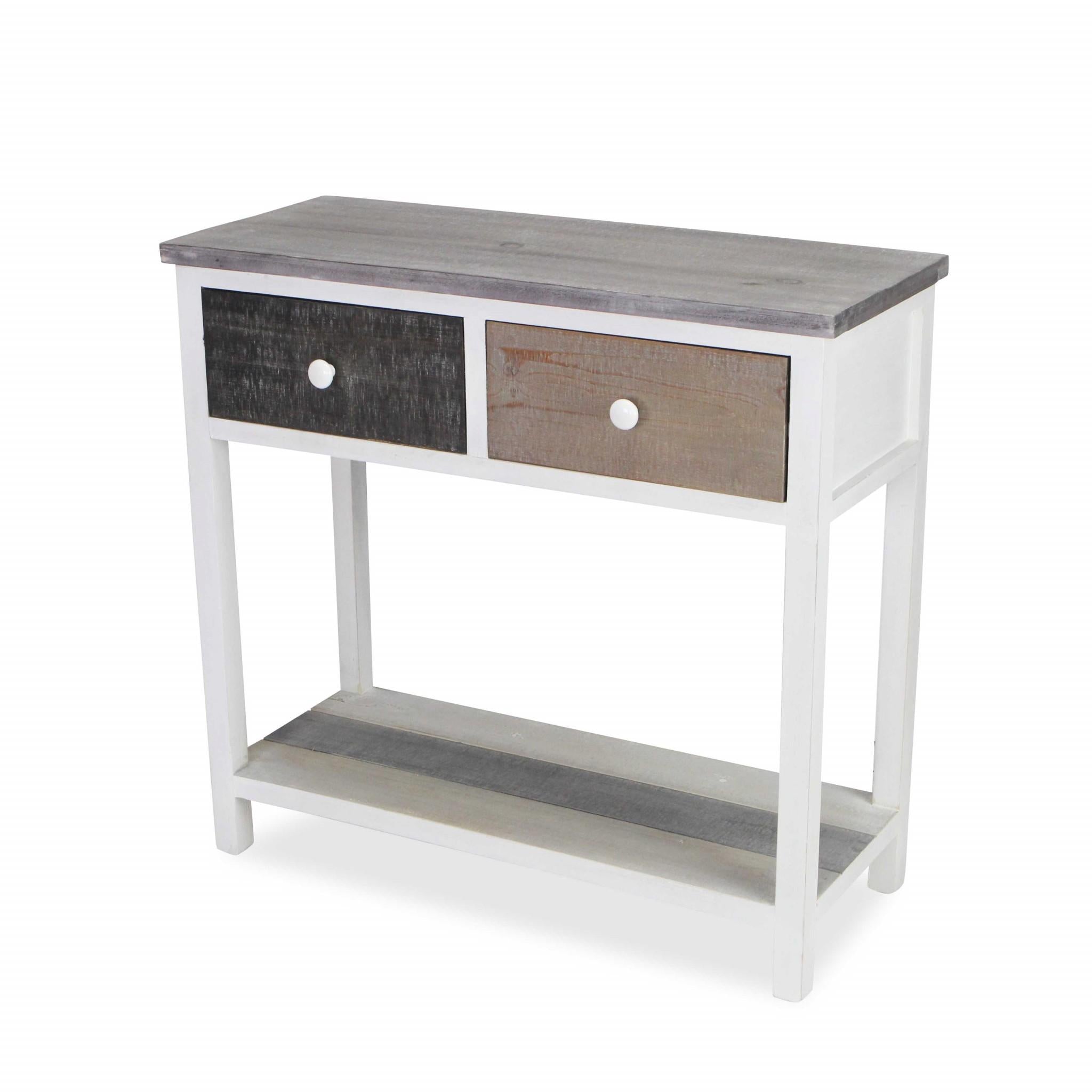 Distressed Gray and White Table with 2 Drawers and Bottom Shelf