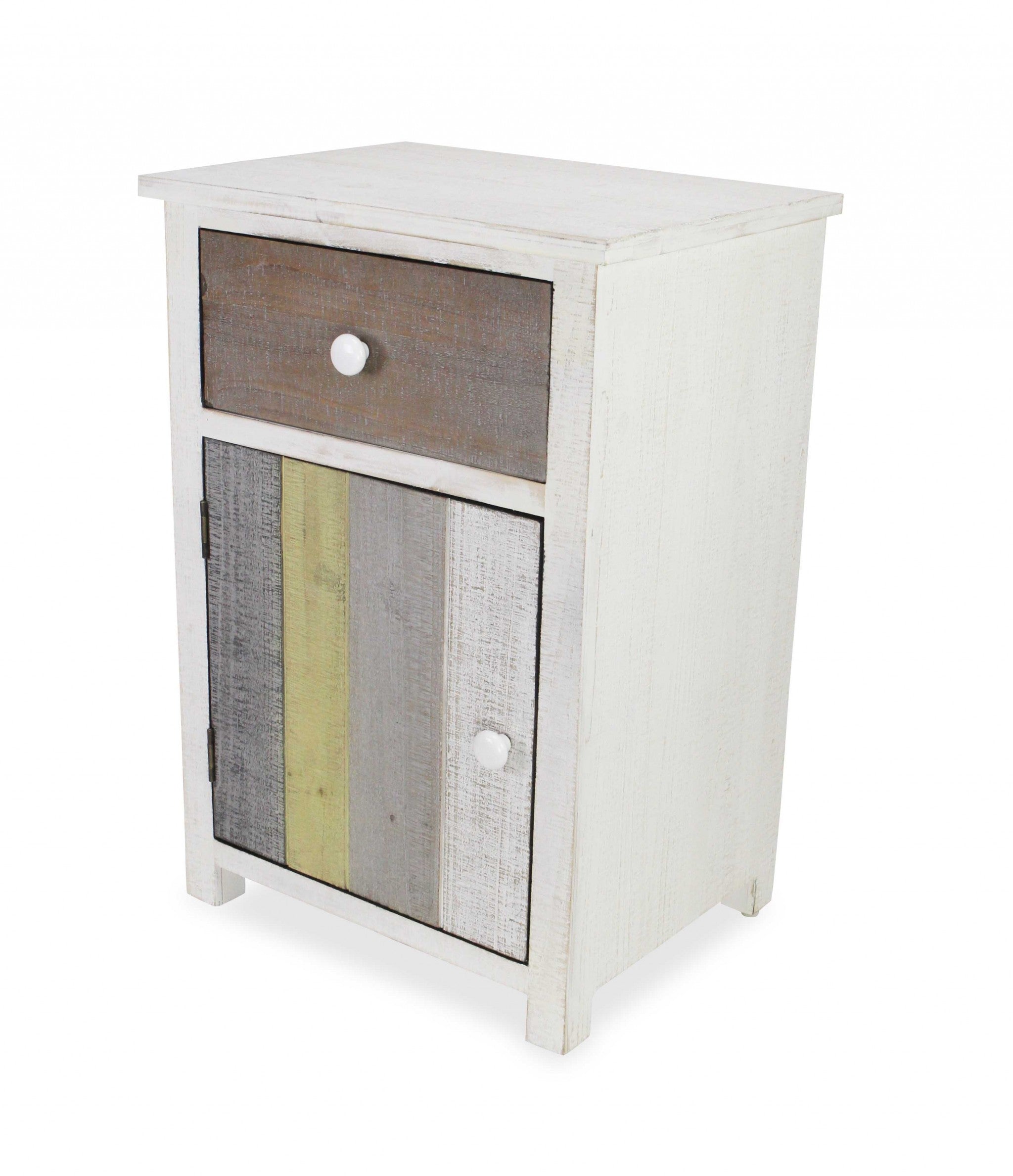 Rustic Distressed White Nightstand with Natural Gray and Green Accents