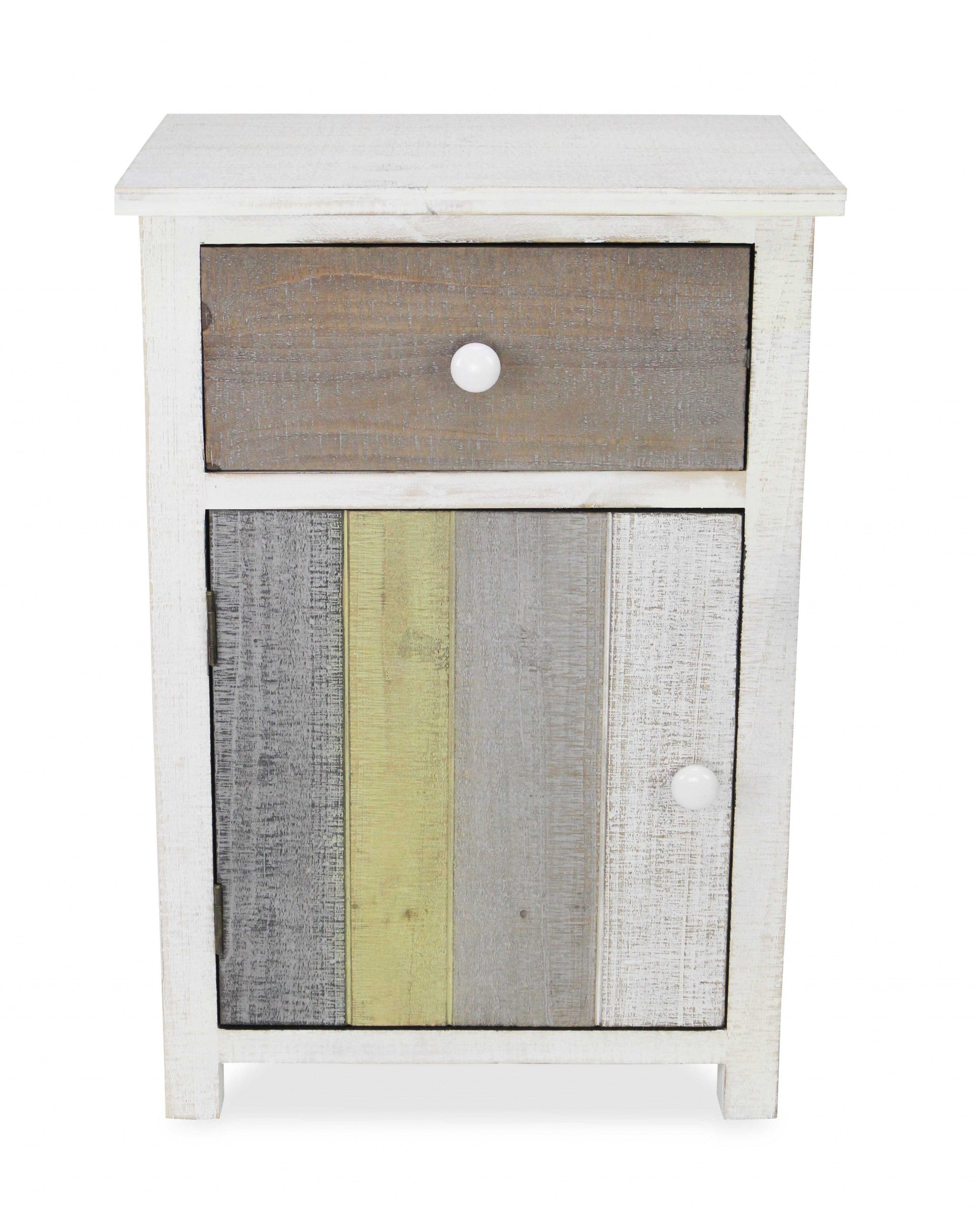 Rustic Distressed White Nightstand with Natural Gray and Green Accents