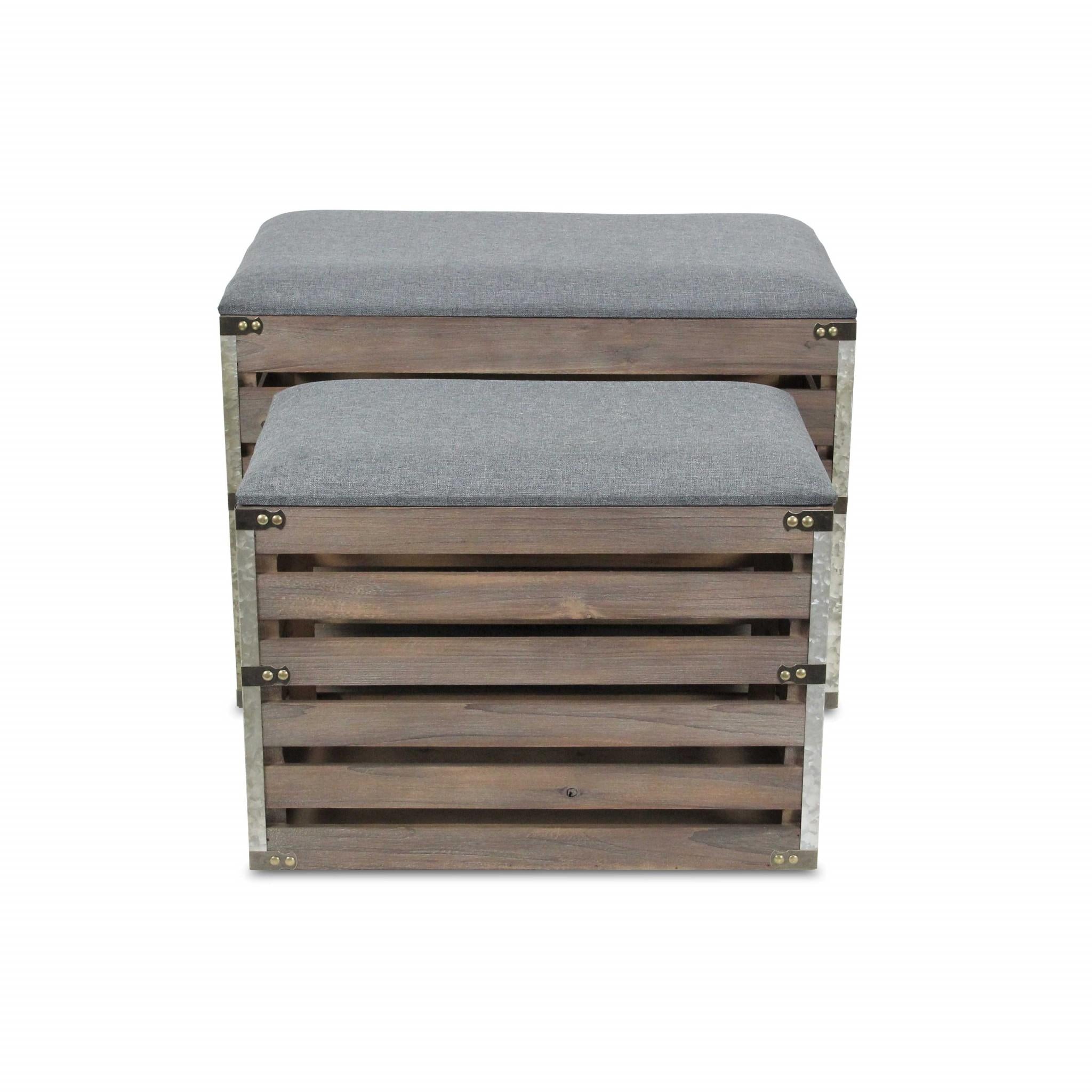 Set of 2 Rectangular Gray Linen Fabric and Wood Slats Storage Benches