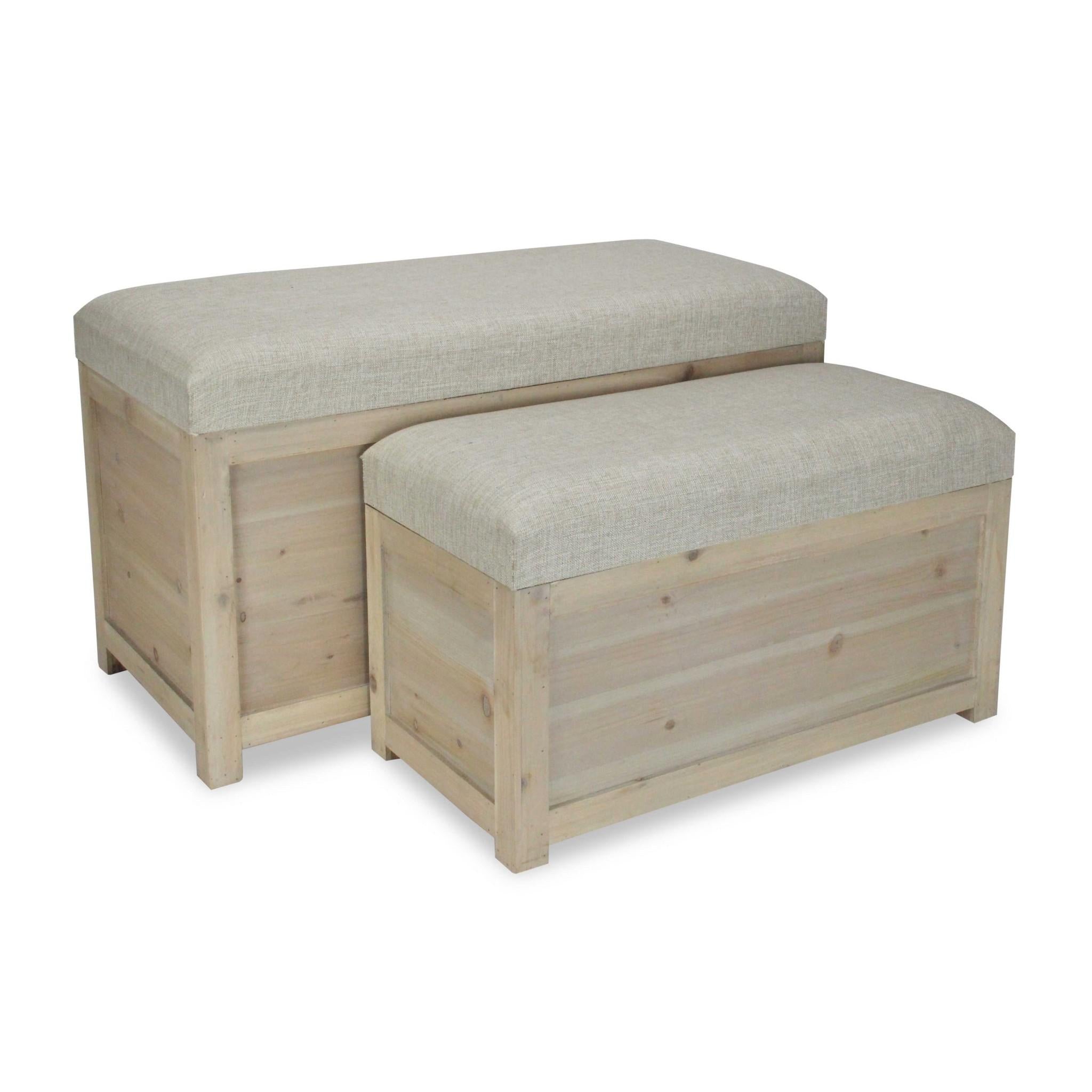 Set of 2 Rectangular White Linen Fabric and Wood Storage Benches