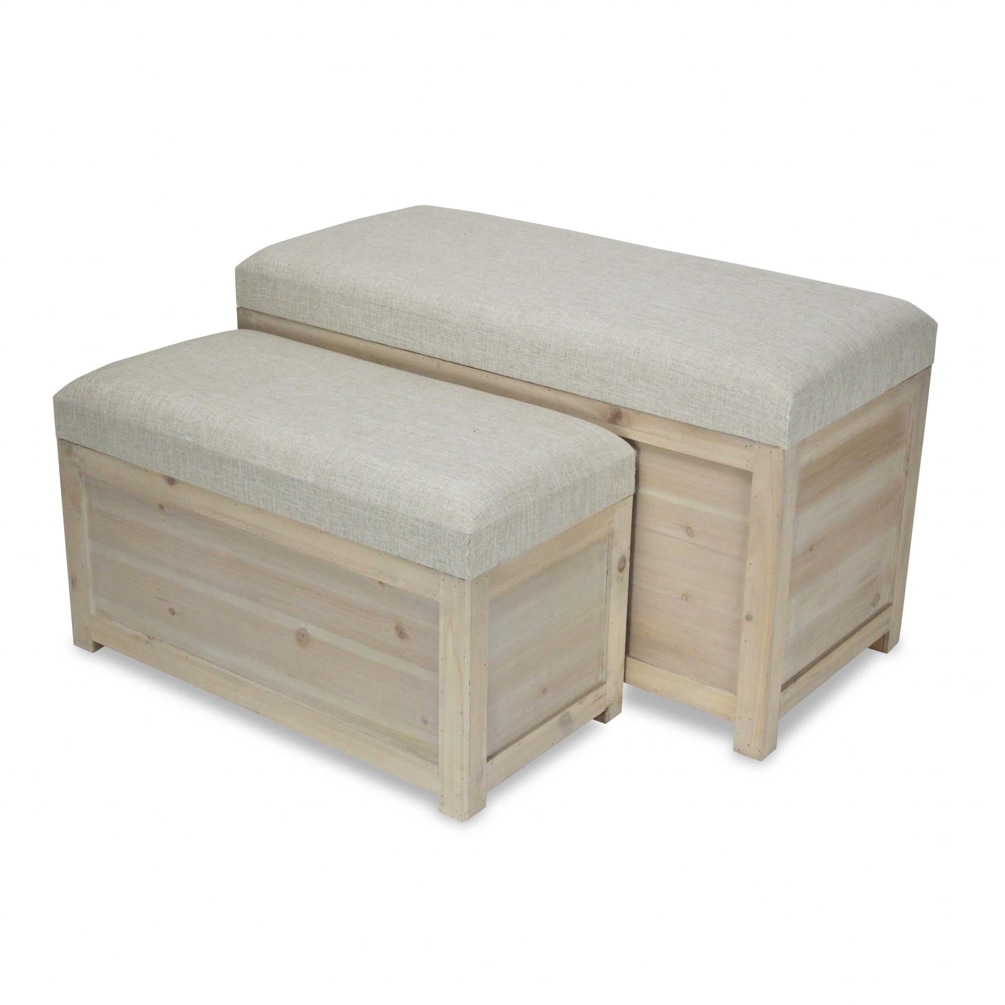 Set of 2 Rectangular White Linen Fabric and Wood Storage Benches