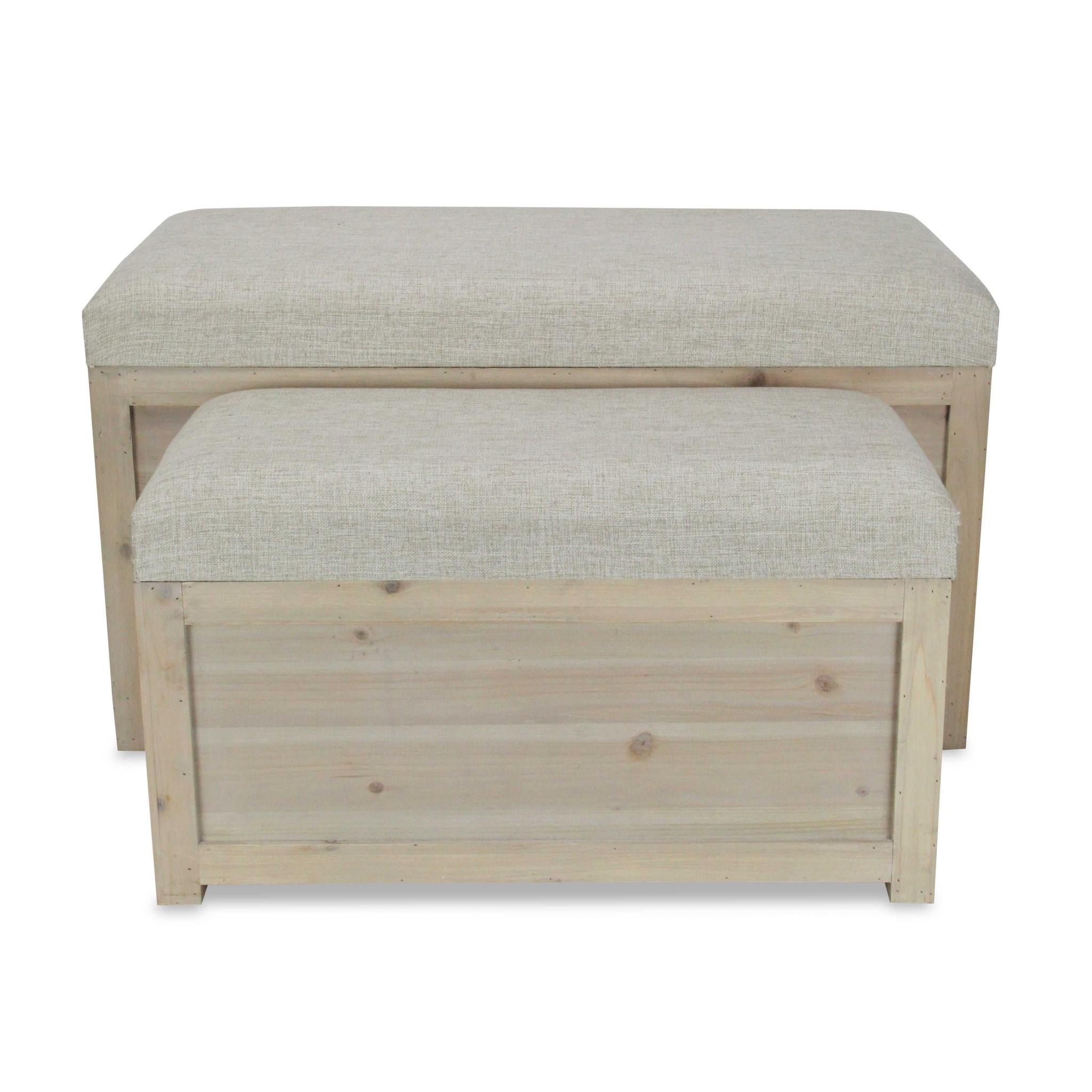 Set of 2 Rectangular White Linen Fabric and Wood Storage Benches