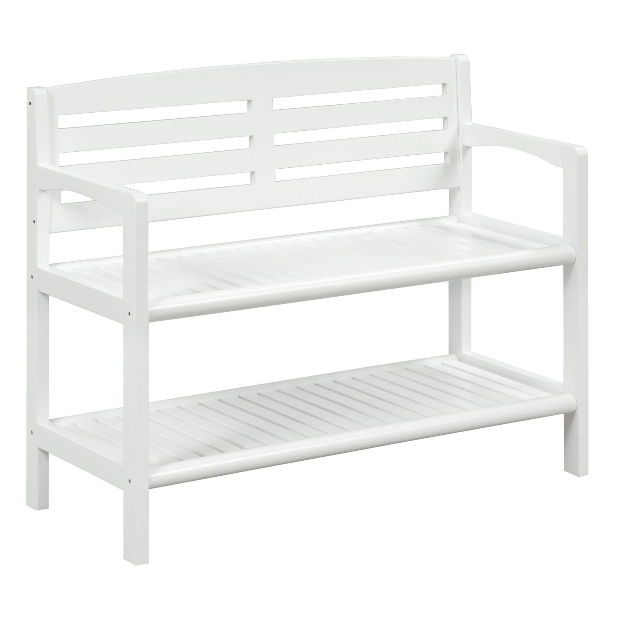 White Finish Solid Wood Slat Bench with High Back and Shelf Default Title