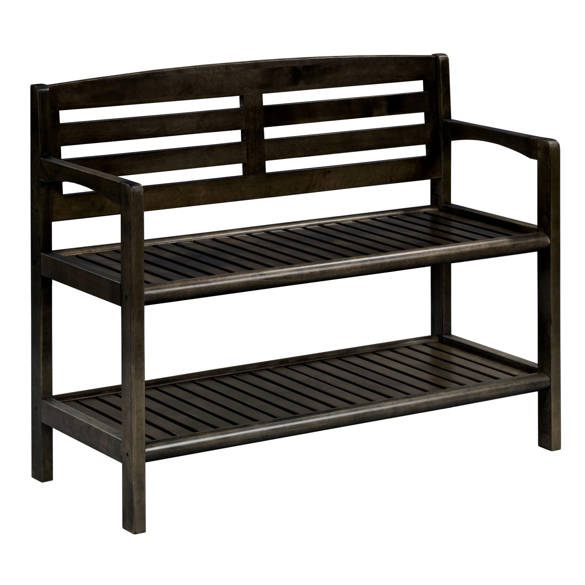 Espresso Finish Solid Wood Slat Bench with High Back and Shelf