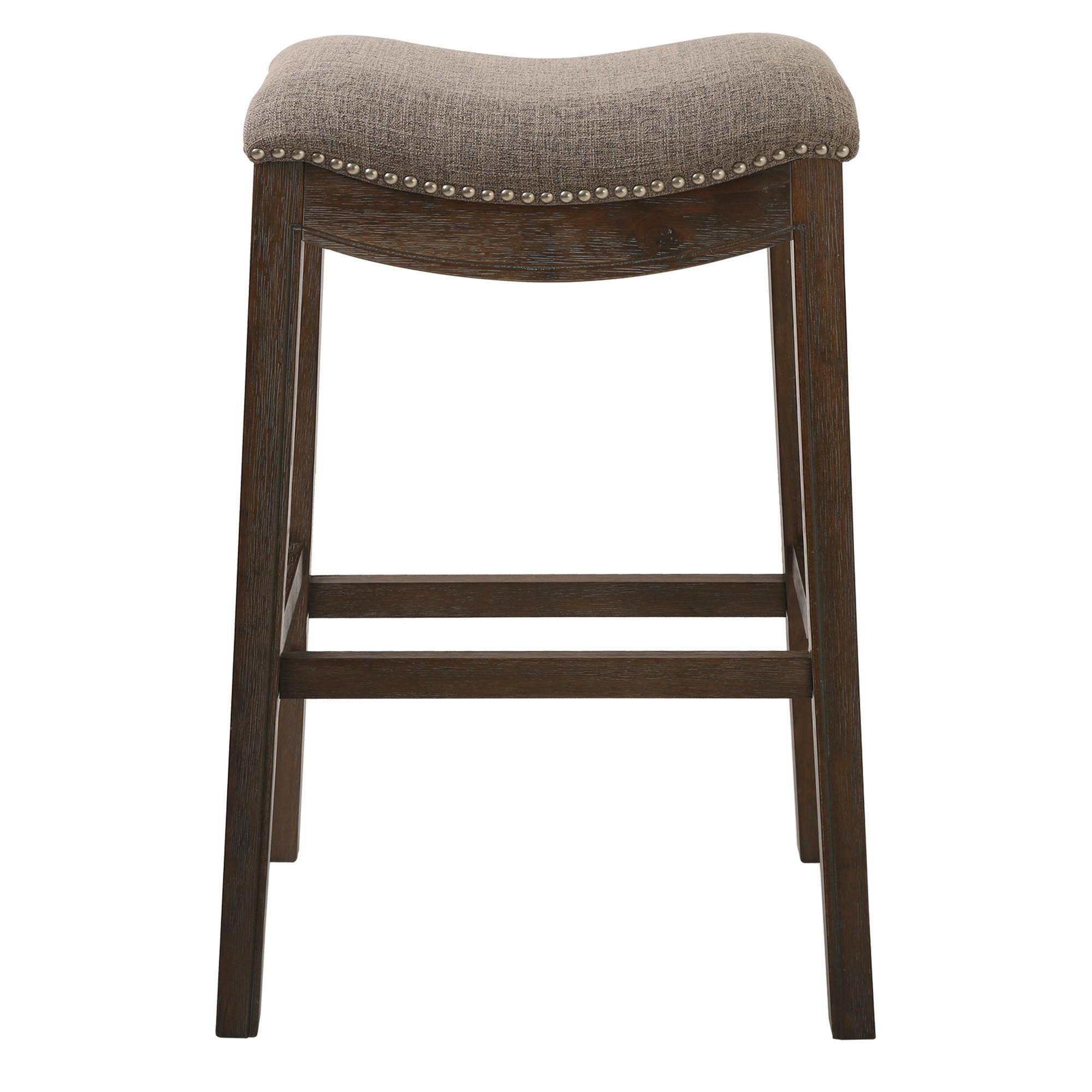 Bar Height Saddle Style Counter Stool with Taupe Fabric and Nail head Trim