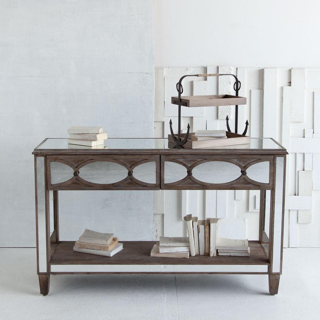 Brown Mirrored Glass Console Table With Two Drawers And Fixed Shelf