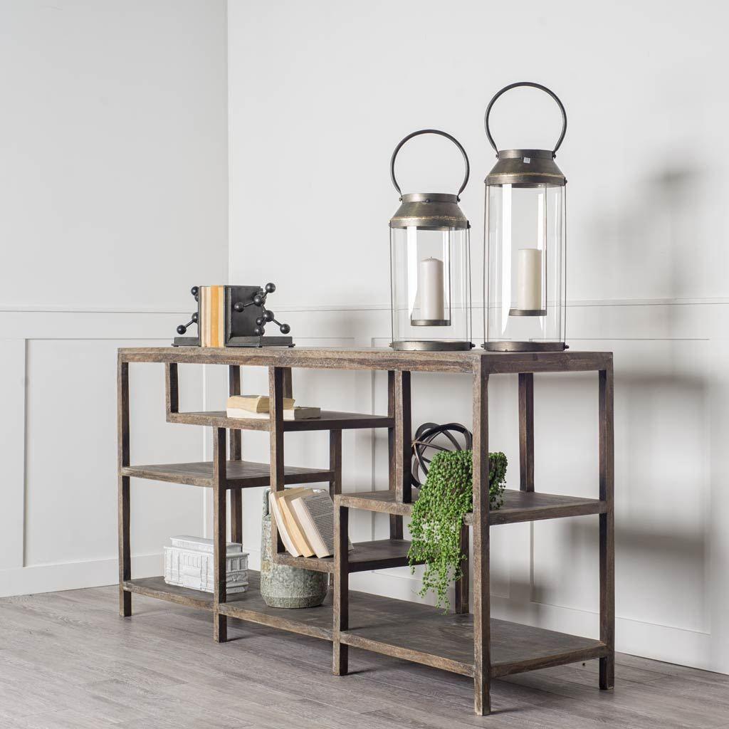 Solid Mango Wood Finish Console Table With Multi Level Shelf