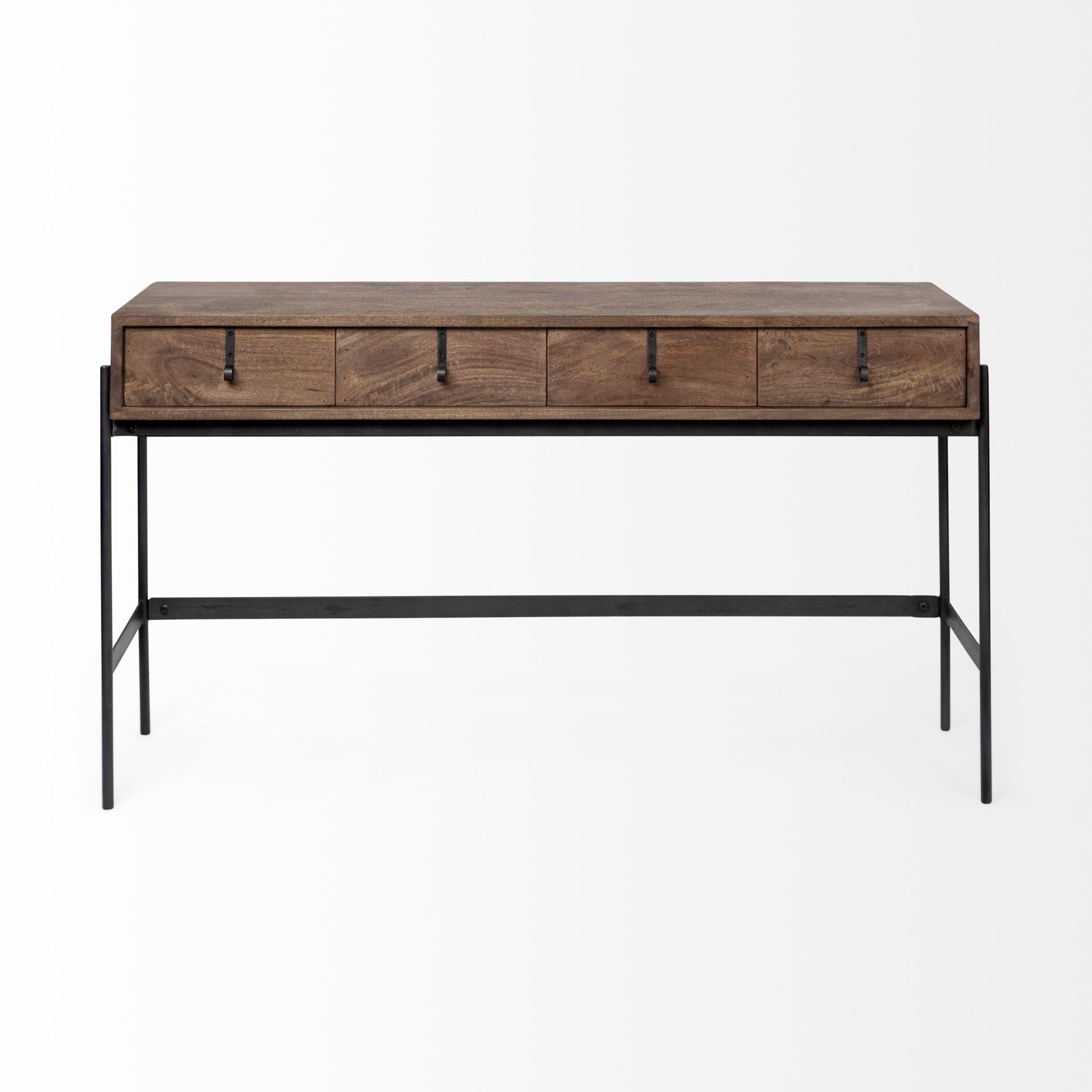 Rectangular Mango Wood Finish Console Table With 4 Drawers