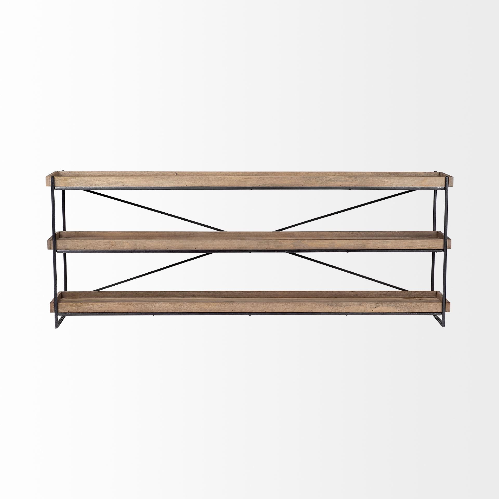 Light Brown Mango Wood Finish Console Table With Matte Black Iron Frame