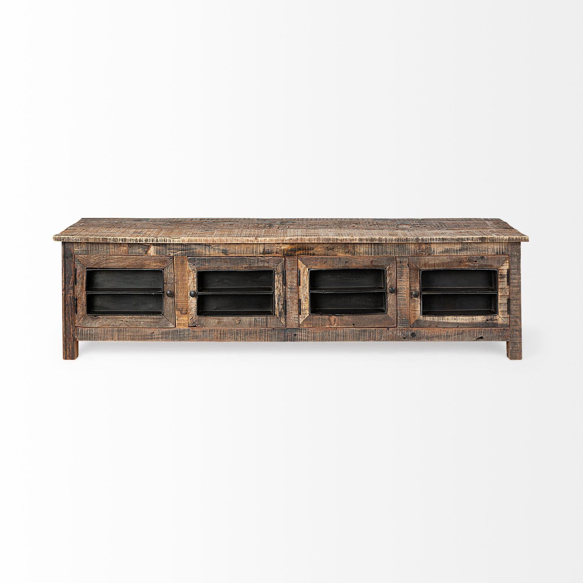 Medium Brown Reclaimed Wood TV Stand Media Console With 4 Metal Doors